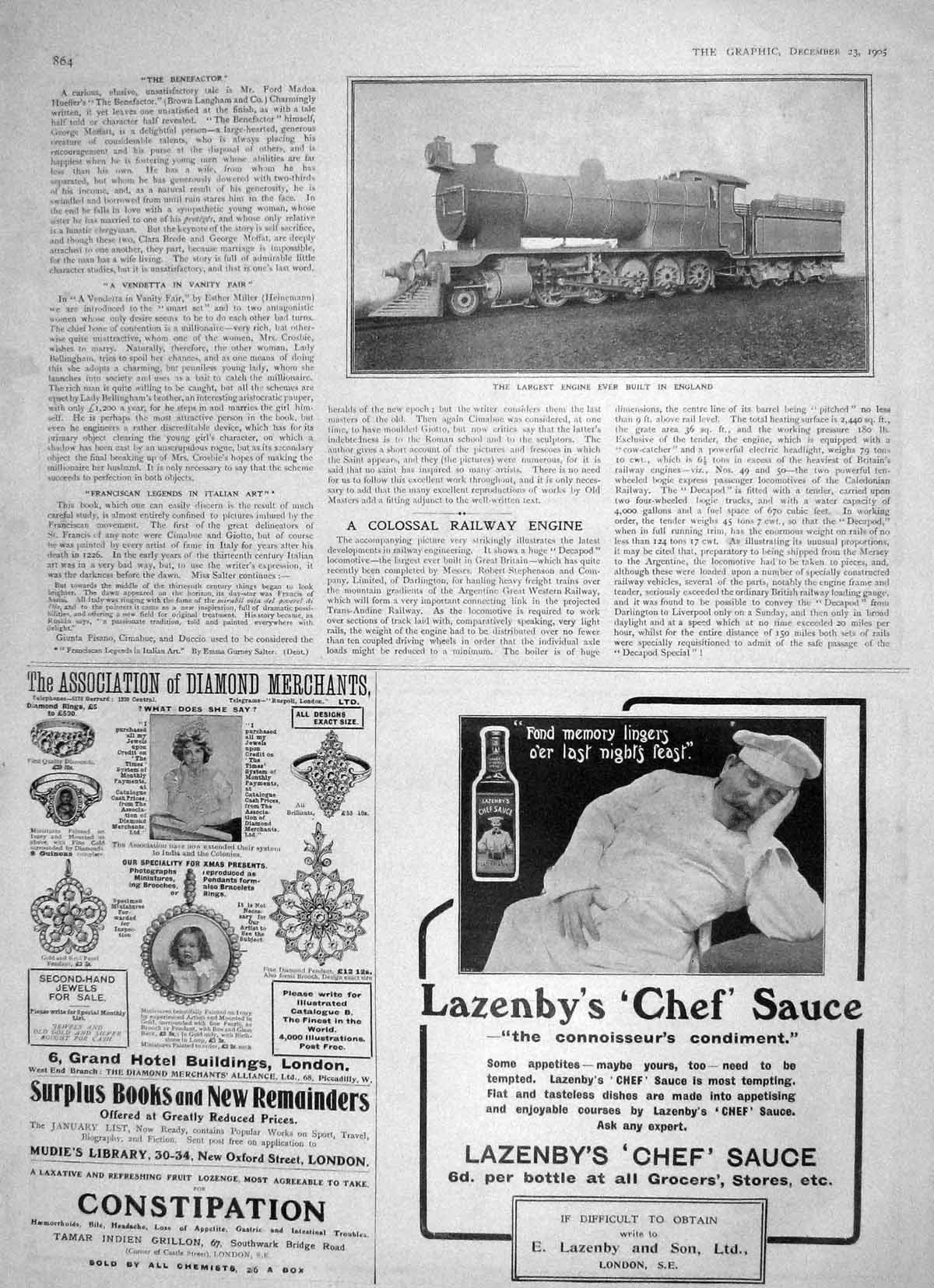 Original Old Antique Print 1905 Largest Train Engine England Lazenby Chef Sauce