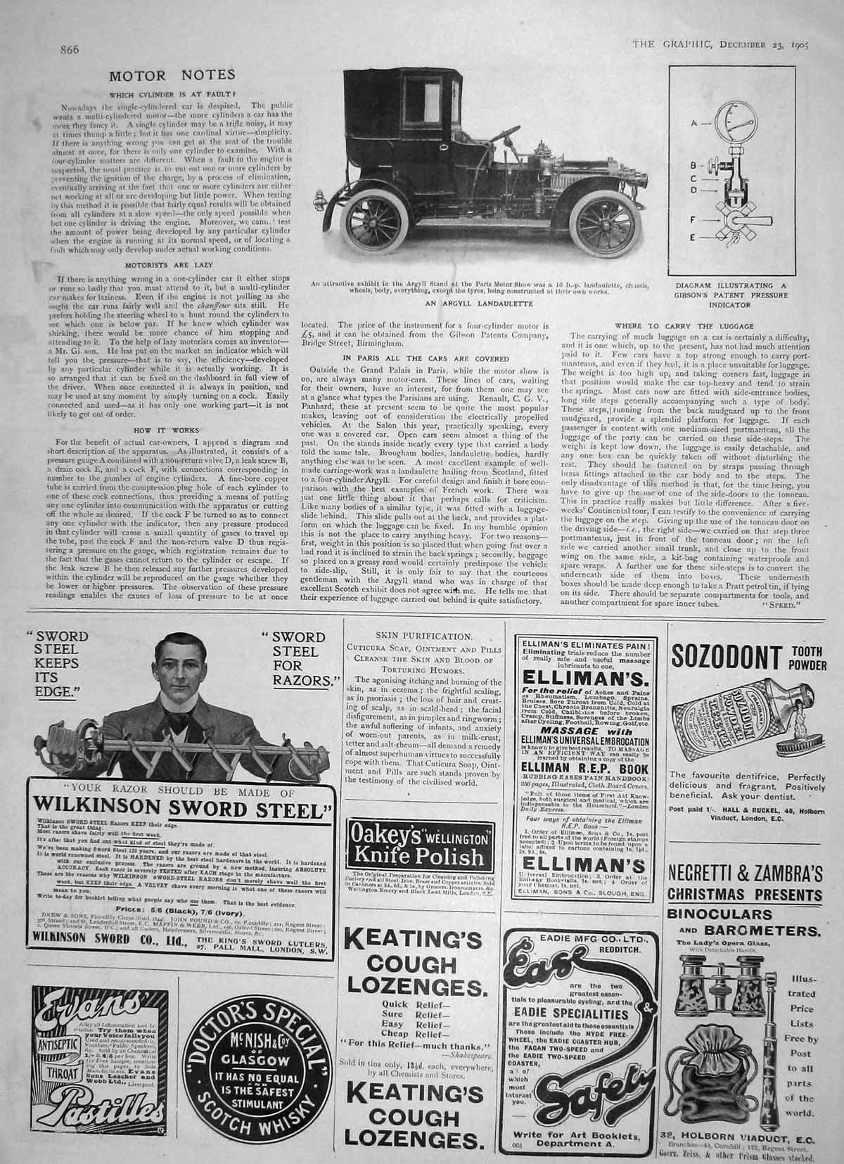 Original Old Antique Print 1905 Argyll Landaulette Motor Car Gibson Pressure