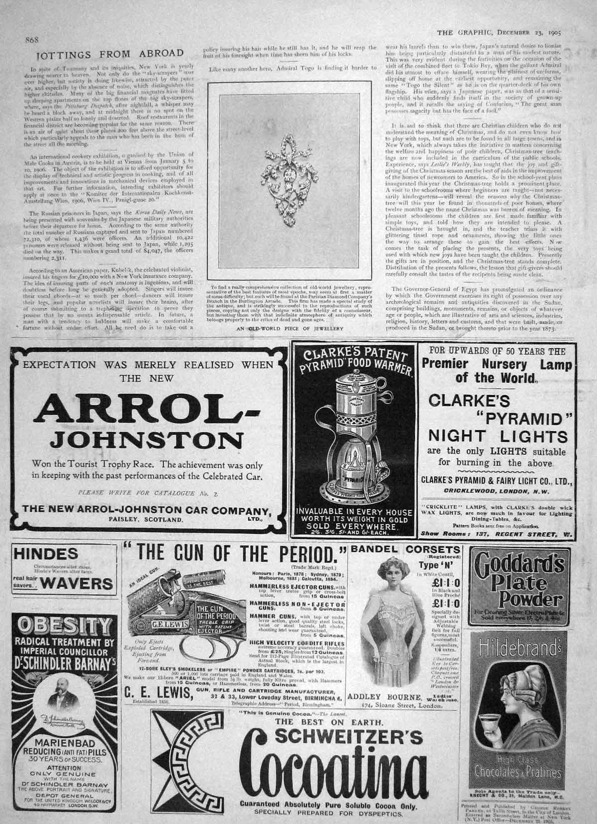 Original Old Antique Print 1905 -World Jewellery Arrol Johnston Cocoatina 20th