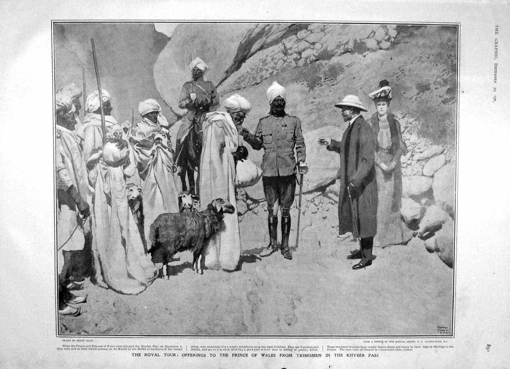 Original Old Antique Print 1905 Prince Wales Tribesmen Khyber Church Solferino
