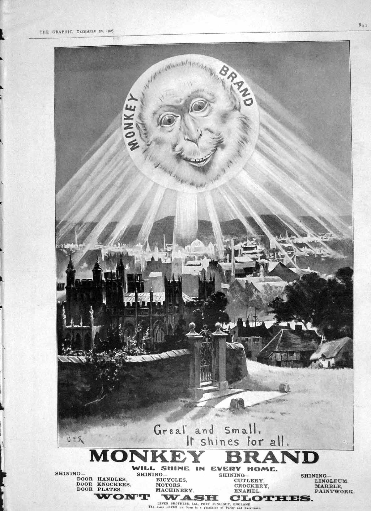 Original Old Antique Print 1905 Advertisement Monkey Brand Soap Lever Brothers