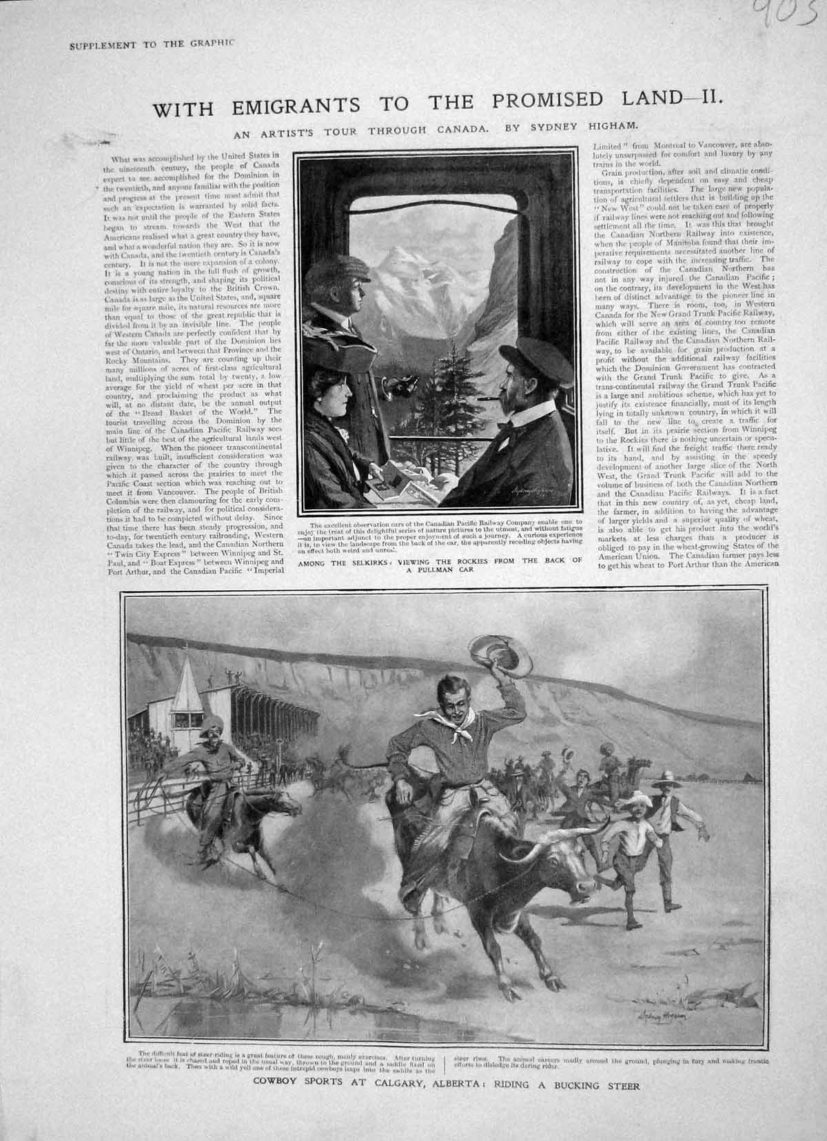 Original Old Antique Print 1905 Emigrants Pullman Car Cowboy Calgary Edmonton
