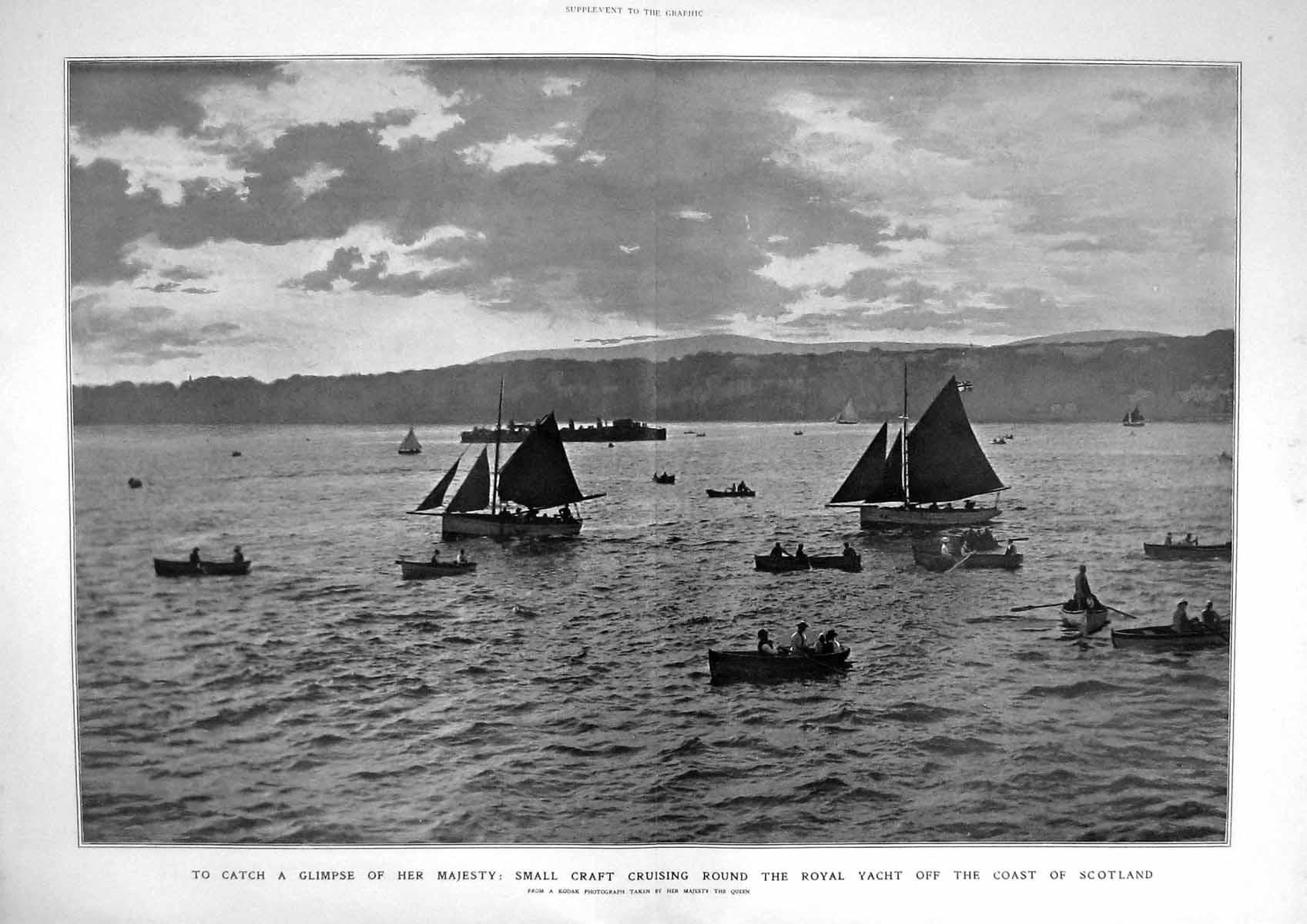 Original Old Antique Print 1905 Queen Small Boat Sailing Royal Yacht Scotland