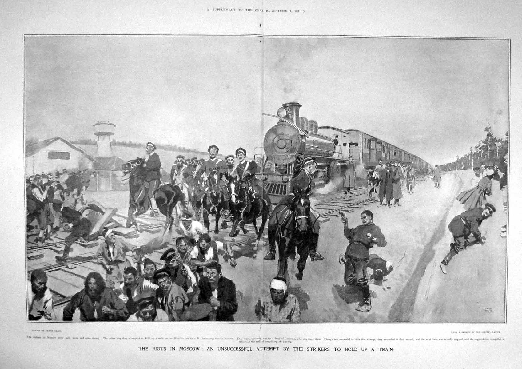 Original Old Antique Print 1905 Riots Moscow Strikers Train Cossacks Railway