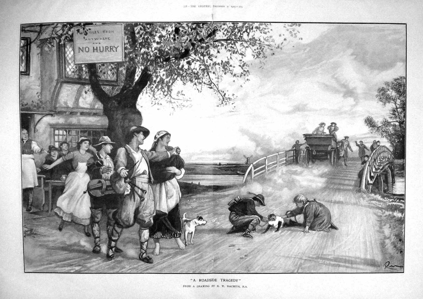 Original Old Antique Print 1905 Roadside Tragedy Monkey Carriage Music Macbeth