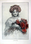 Original Old Antique Print 1905 Chrysanthemums Portrait Woman Flowers Salmon