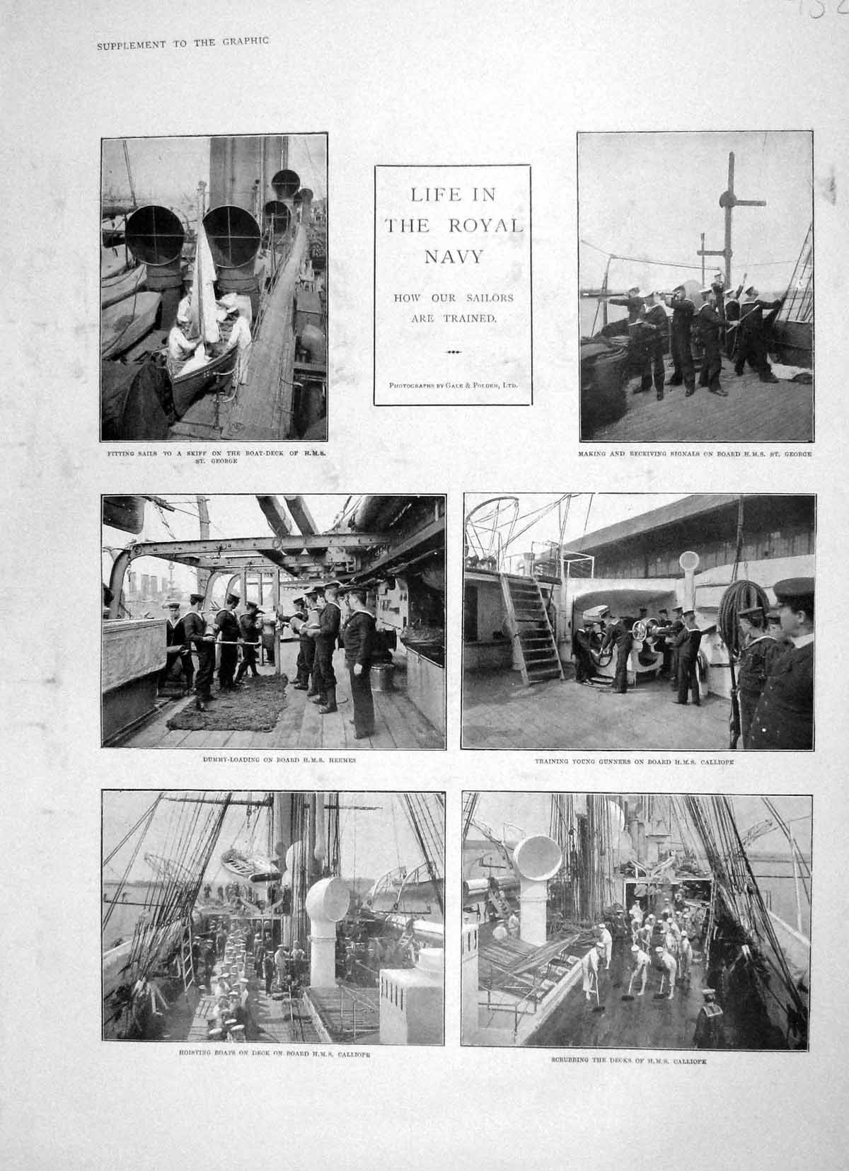 Original Old Antique Print 1905 Royal Navy Calliope Ship George Royal Sovereign