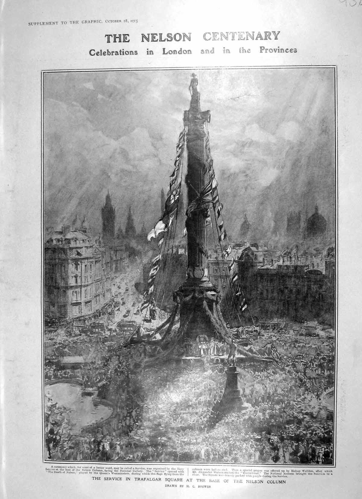 Original Old Antique Print 1905 Nelson Centenary Traflagar Square Royal Albert