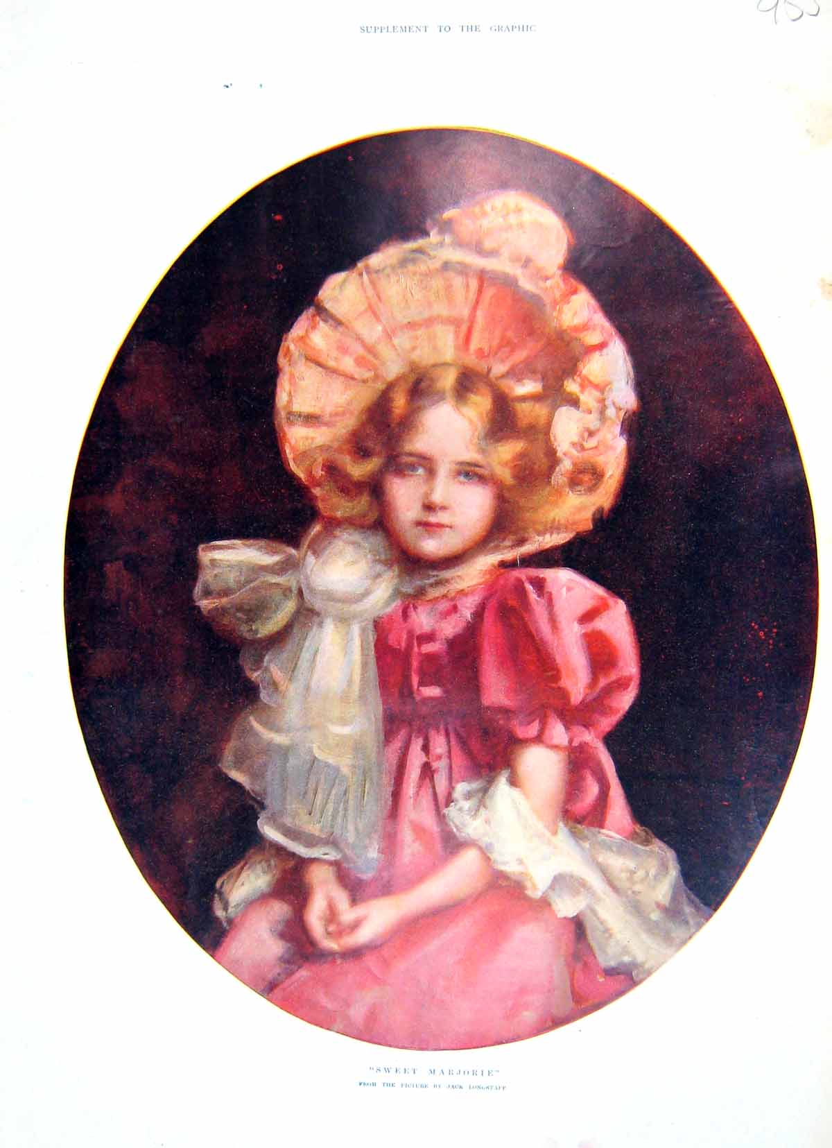 Original Old Antique Print 1905 Colour Portrait Sweet Marjorie Beautiful Girl