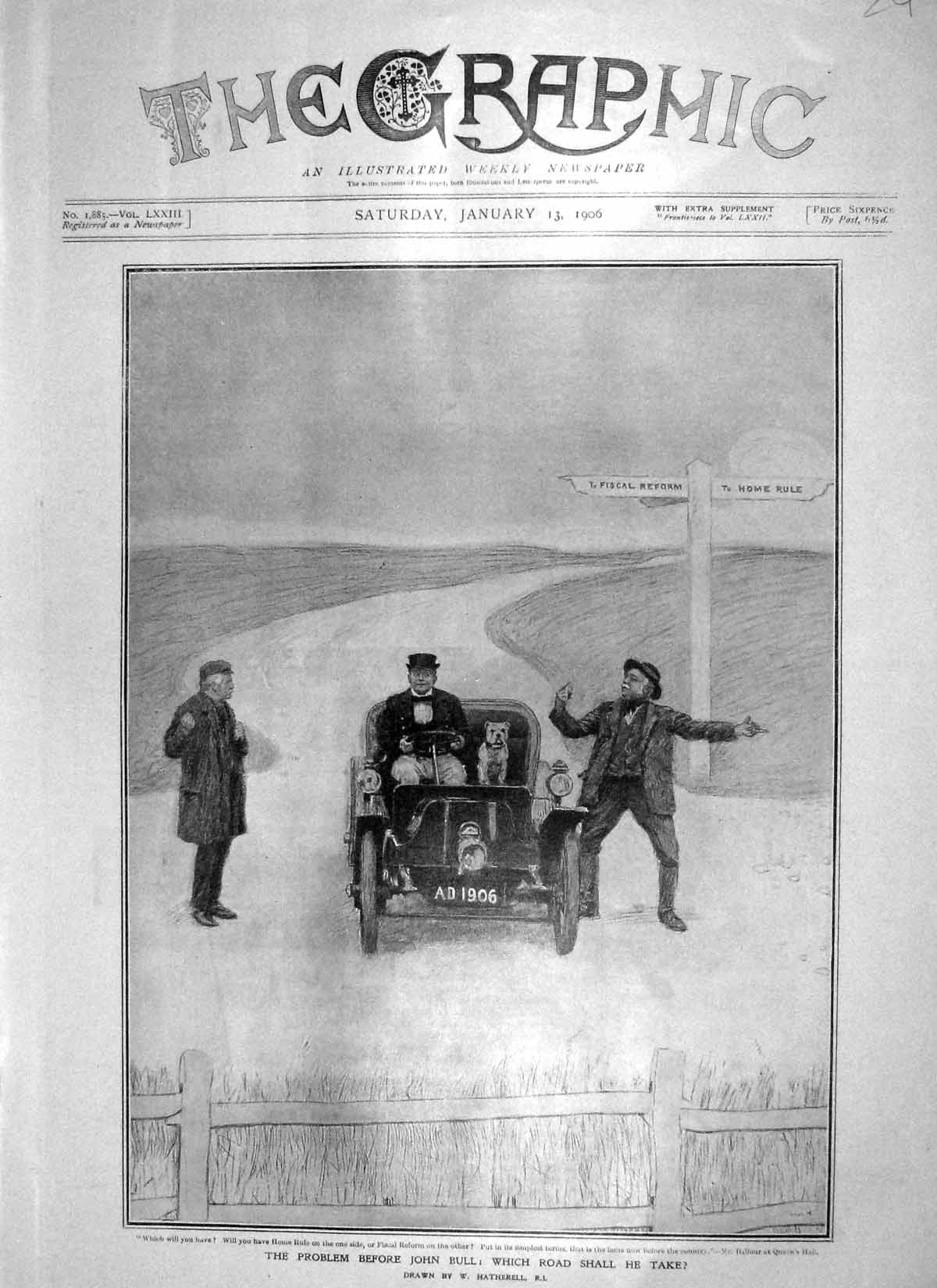 Original Old Antique Print 1906 John Bull Home Rull Fiscal Reform Motor Car
