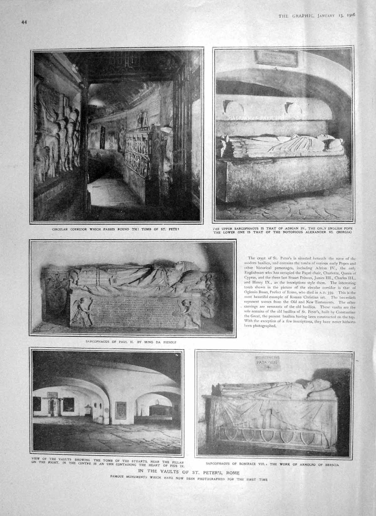 Old Antique Print 1906 Vaults Peters Rome Sarcophagus Children Fancy Ball 20th