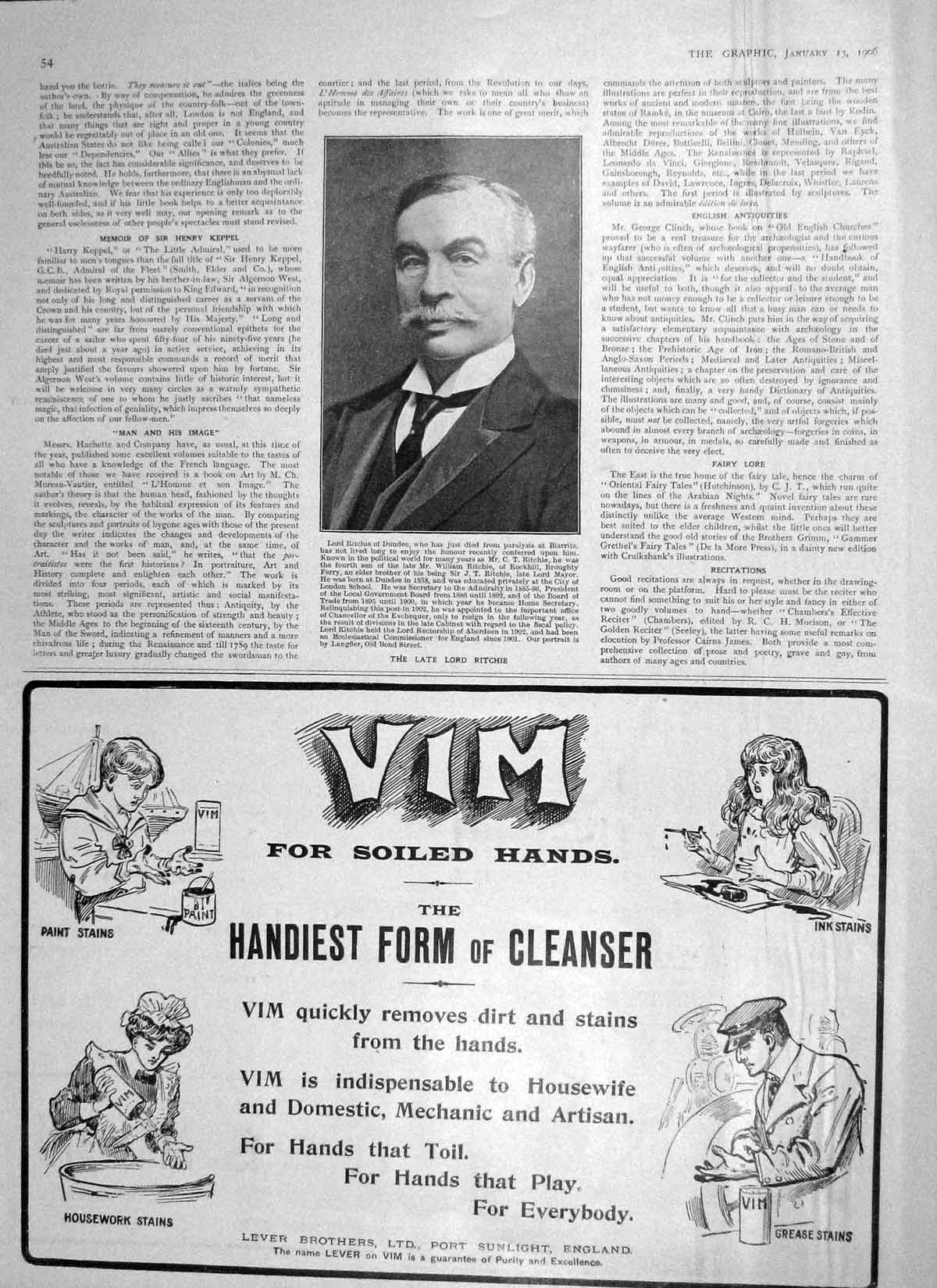 Old Antique Print 1906 Portrait Lord William Ritchie Vim Lever Brothers 20th