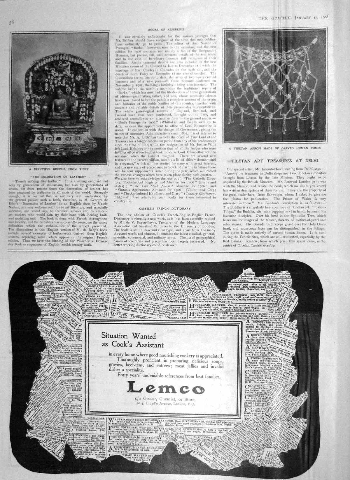 Original Old Antique Print 1906 Tibetan Apron Carved Human Bones Buddha Tibet