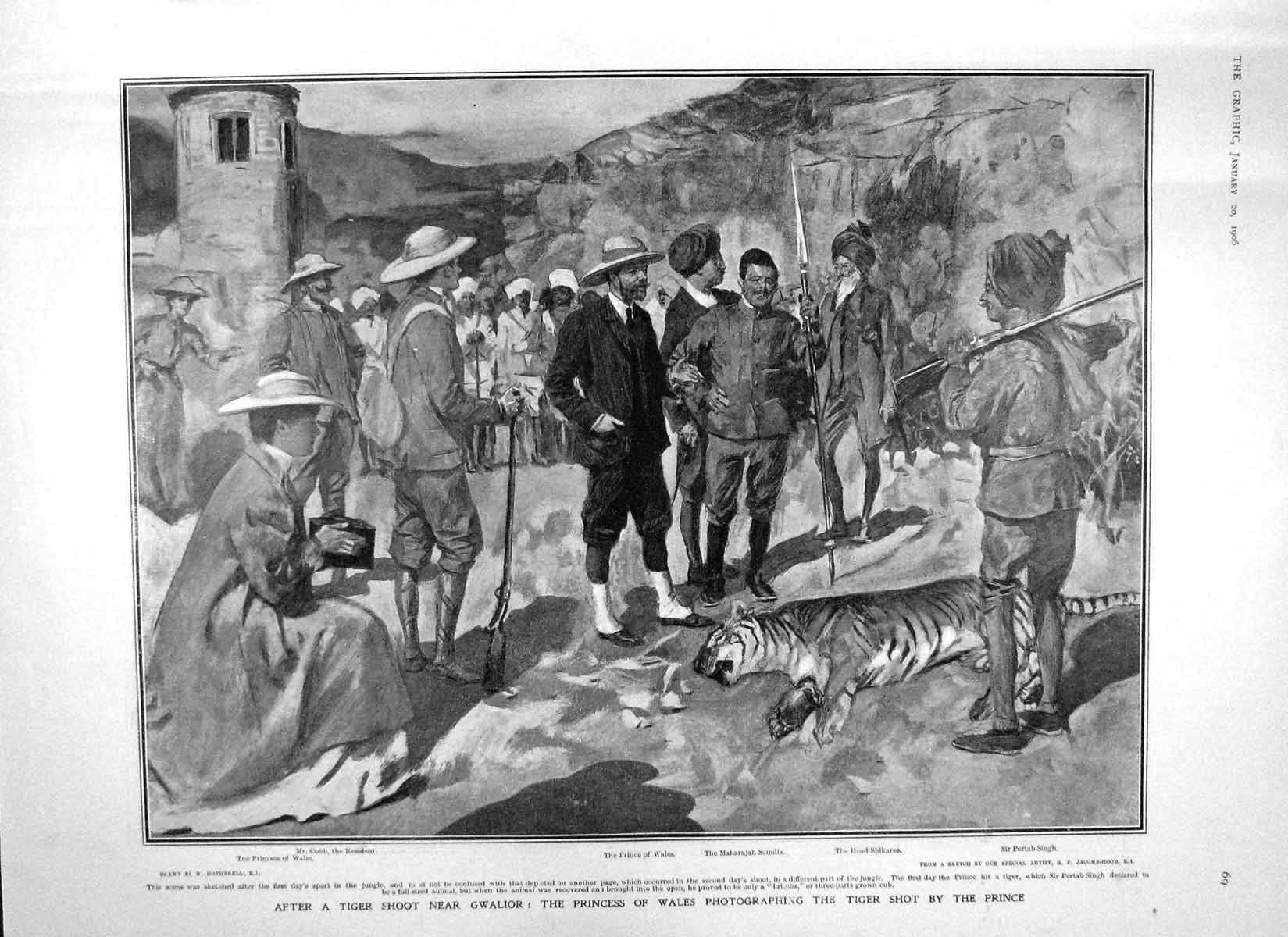 Old Antique Print 1906 Tiger Hunt Gwalior Prince Wales Singh Garton Guard 20th