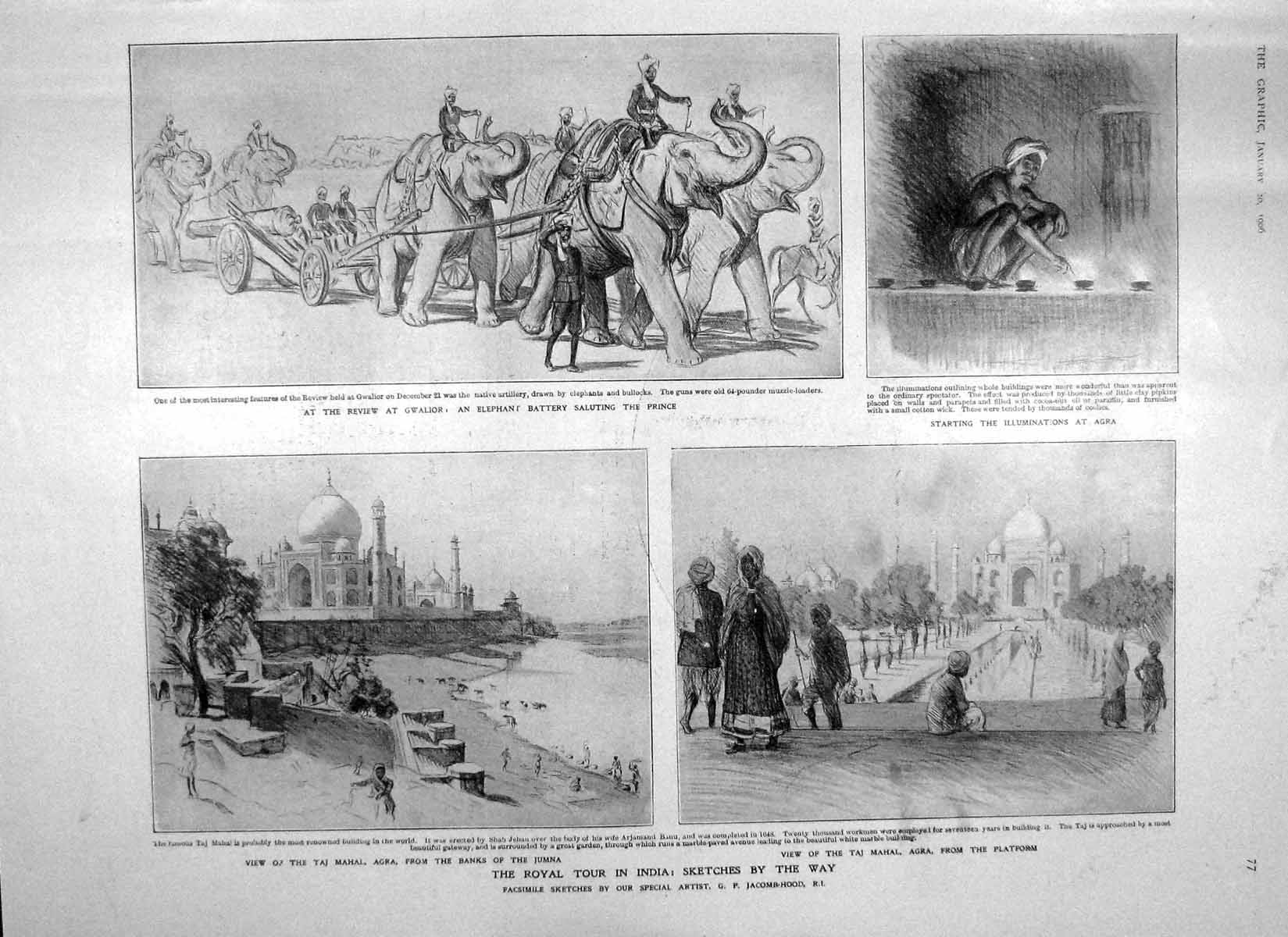 Old Antique Print 1906 India Gwalior Elephant Taj Mahal Fallieres France 20th