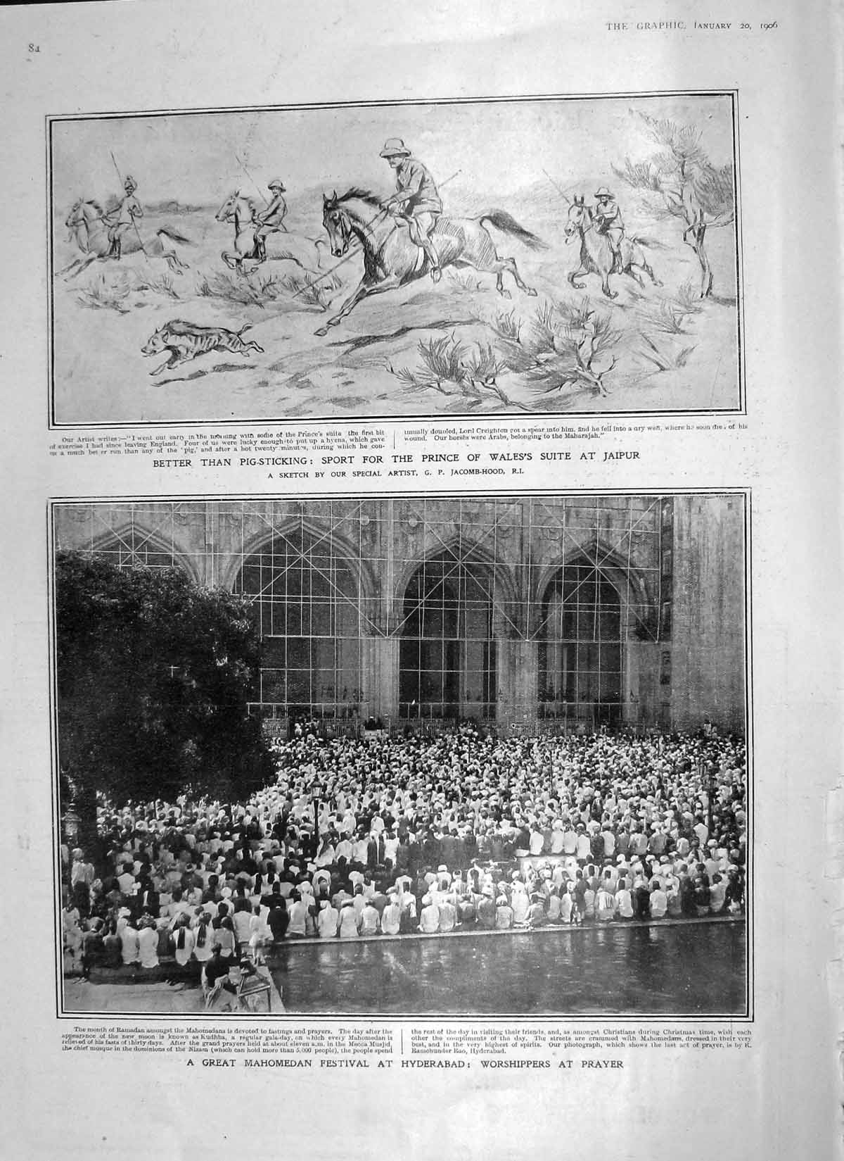 Old Antique Print 1906 Hyena Hunting Jaipur Mahomedan Hyderabad Map World 20th