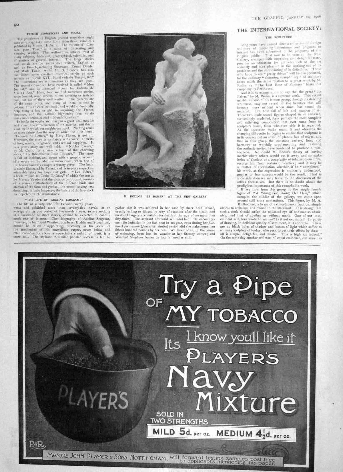 Old Antique Print 1906 Sculpture Rodins Le Baiser Gallery Players Tobacco 20th