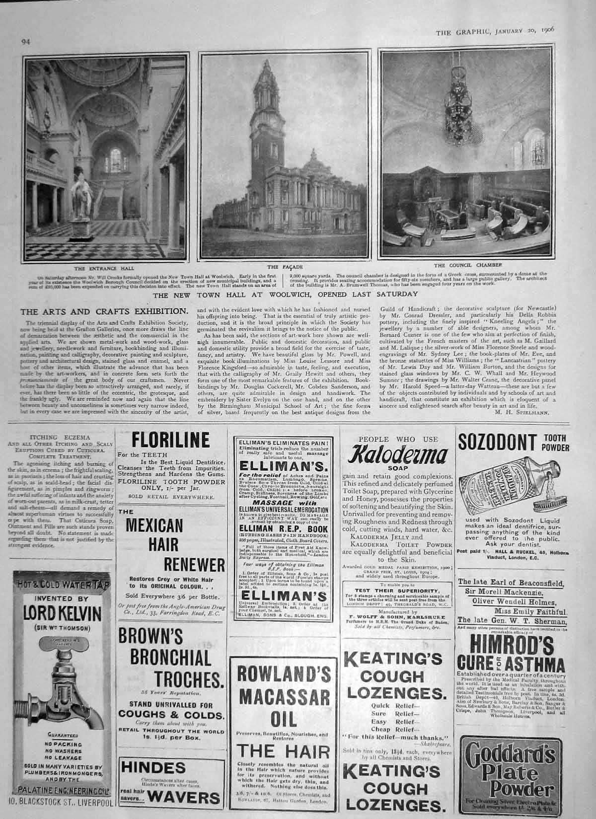 Original Old Antique Print 1906 Town Hall Woolwich Council Chamber Gree 20th