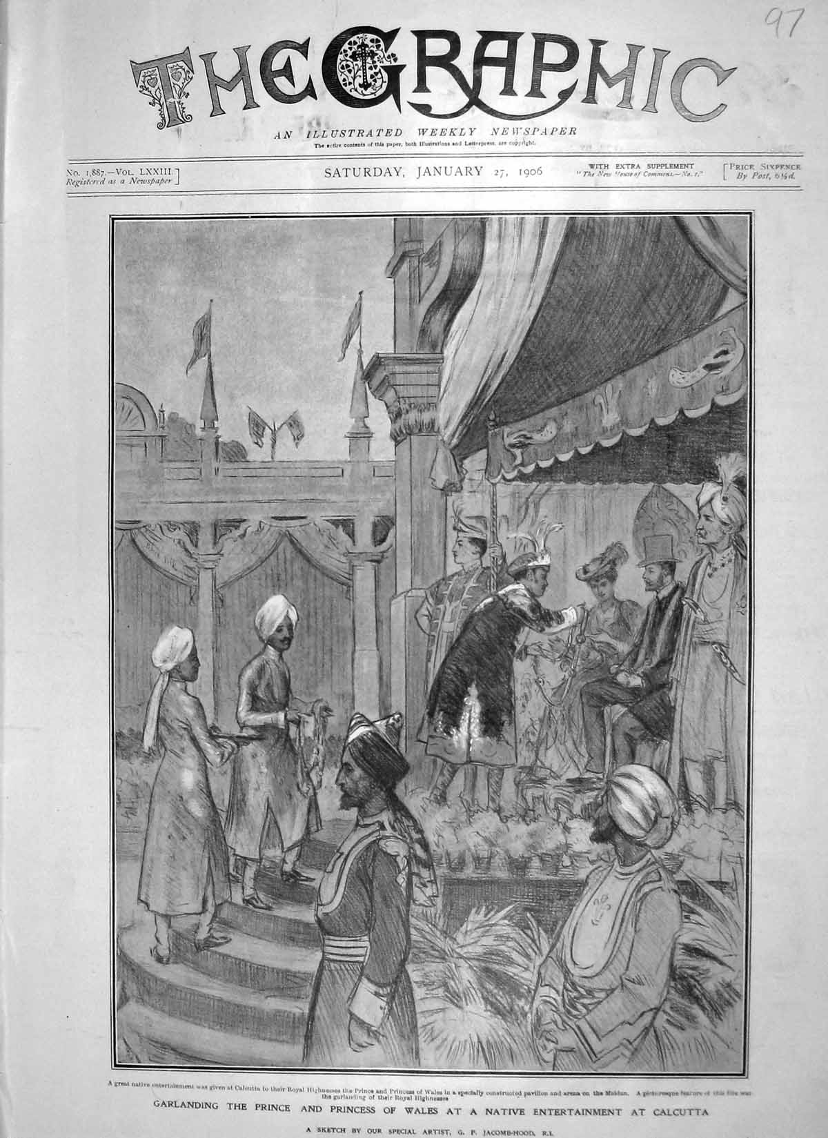 Original Old Antique Print 1906 Garlanding Prince Wales Entertainment Calcutta