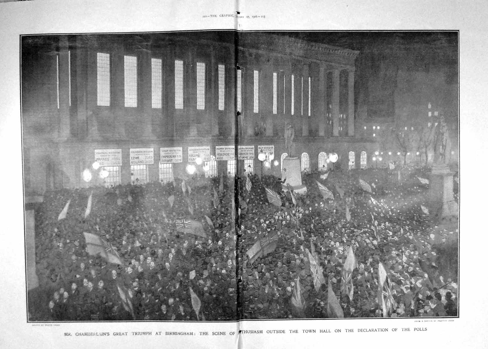Original Old Antique Print 1906 Chamberlain Birmingham Town Hall Polls Voting