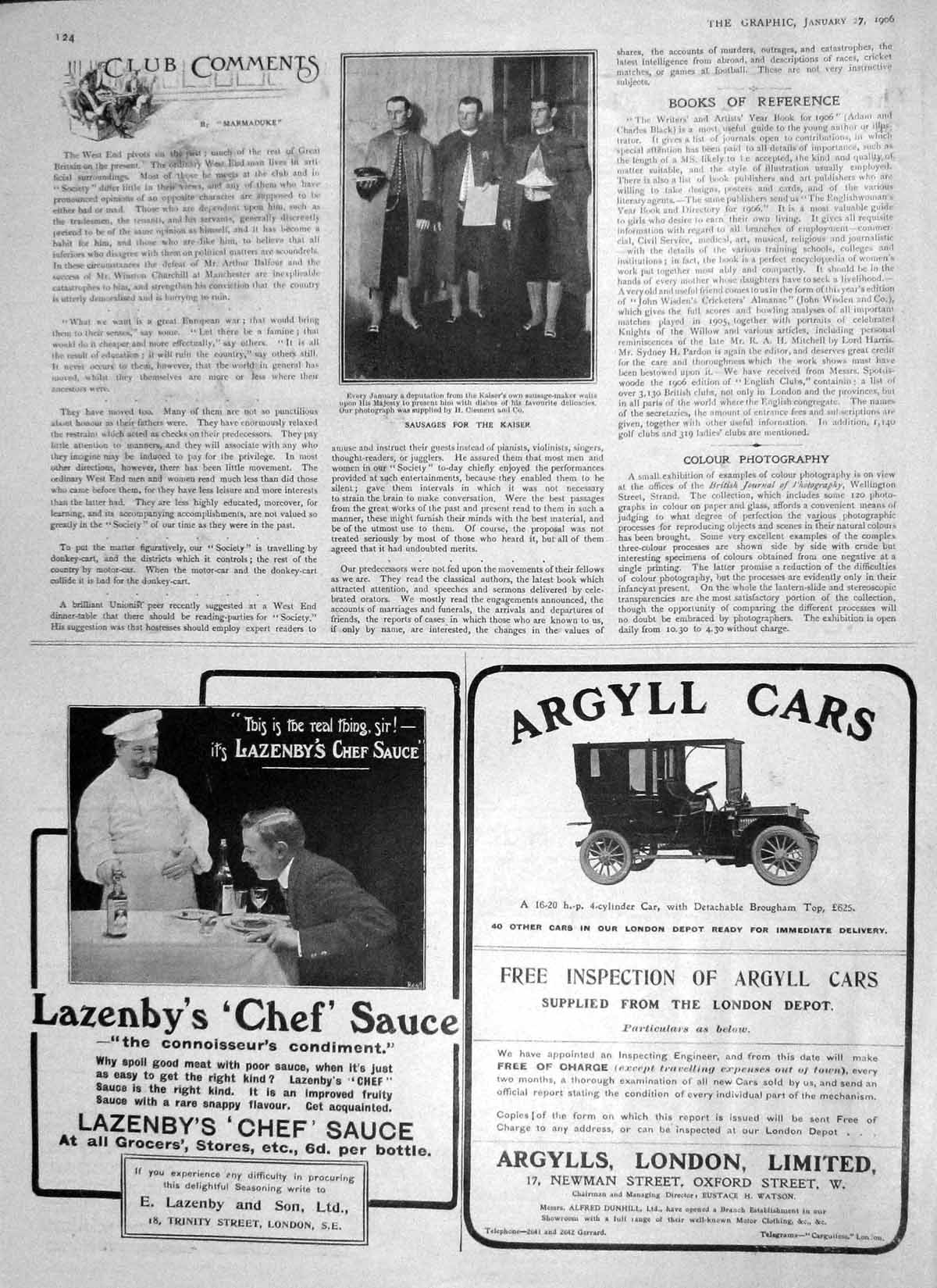 Old Antique Print 1906 Sausages Kaiser Celment Lazenby Sauce Argyll Cars 20th