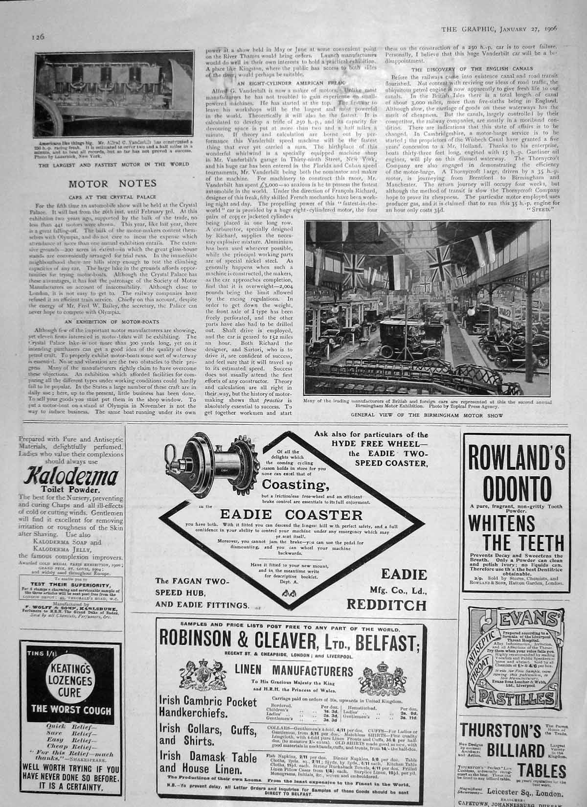 Original Old Antique Print 1906 Birmingham Motor Show Vanderbilt Racing Car