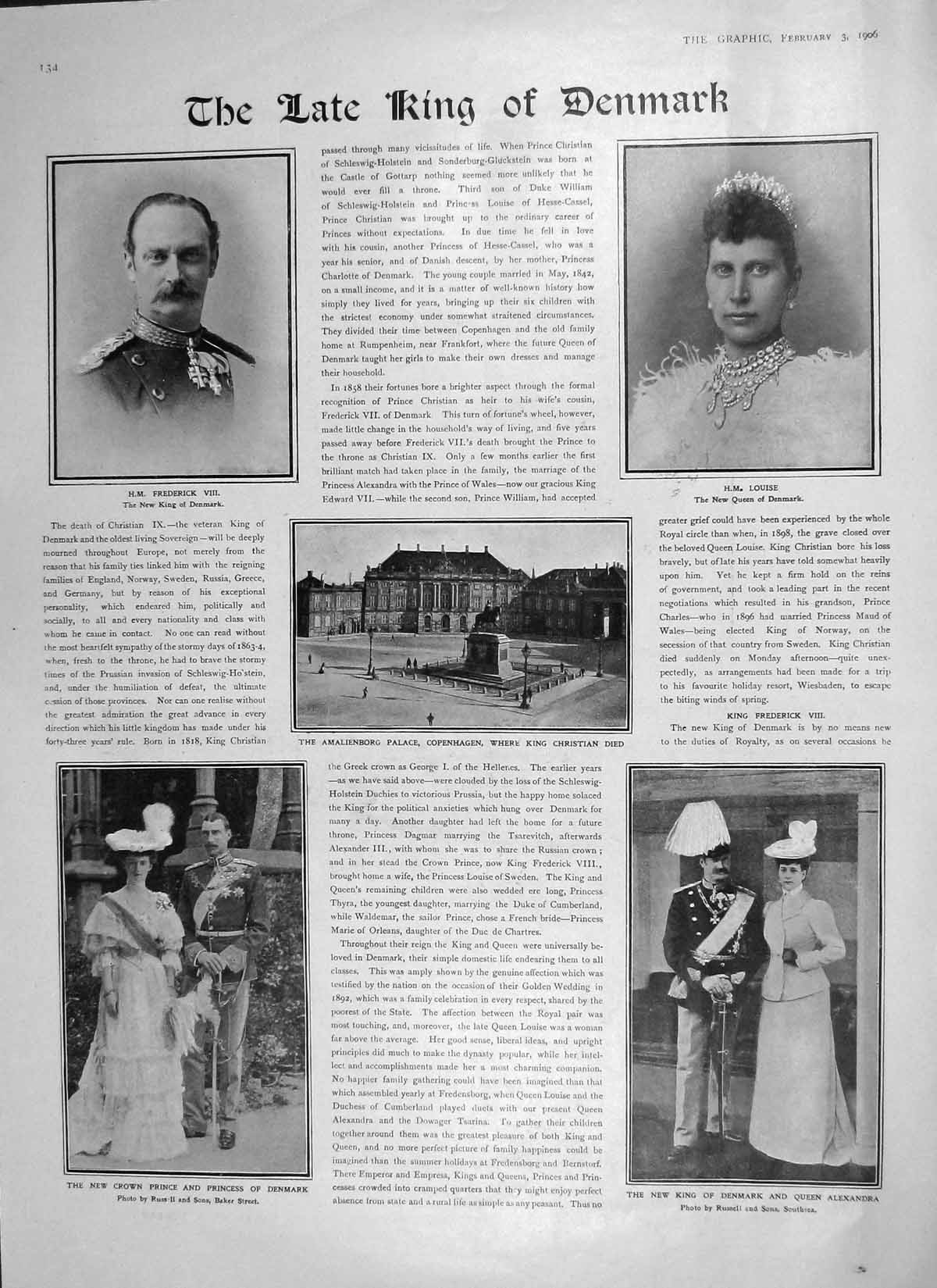 Original Old Antique Print 1906 Denmark Frederick Louise Christian Amalienborg