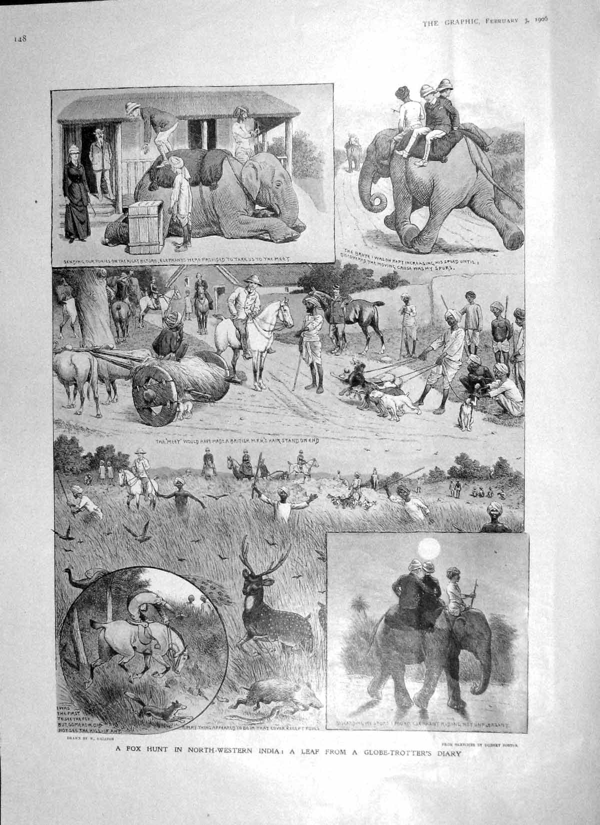Old Antique Print 1906 Fox Hunting India Elephants Ellen Terry Connaught 20th