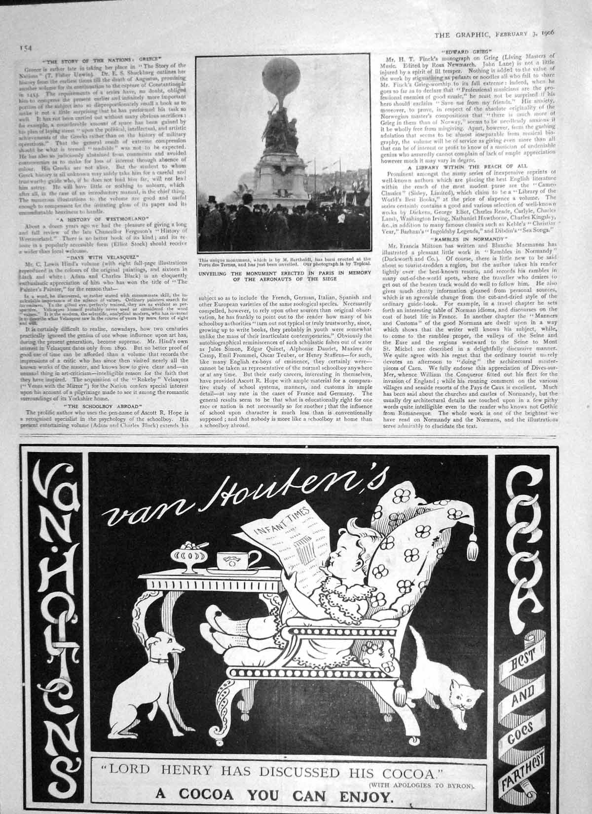 Original Old Antique Print 1906 Monument Paris Memory Aeronauts Barthi 20th