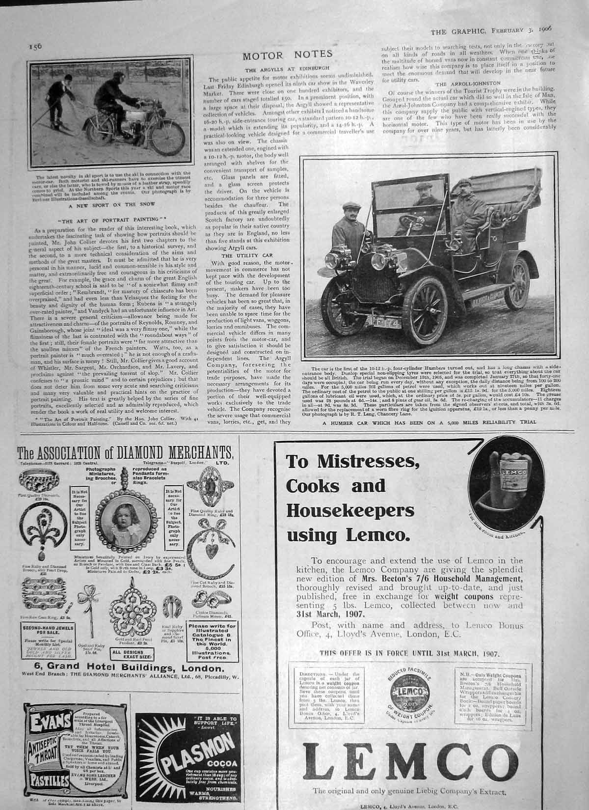 Original Old Antique Print 1906 Humber Motor Car Ski Sport Motorcycle Lemco