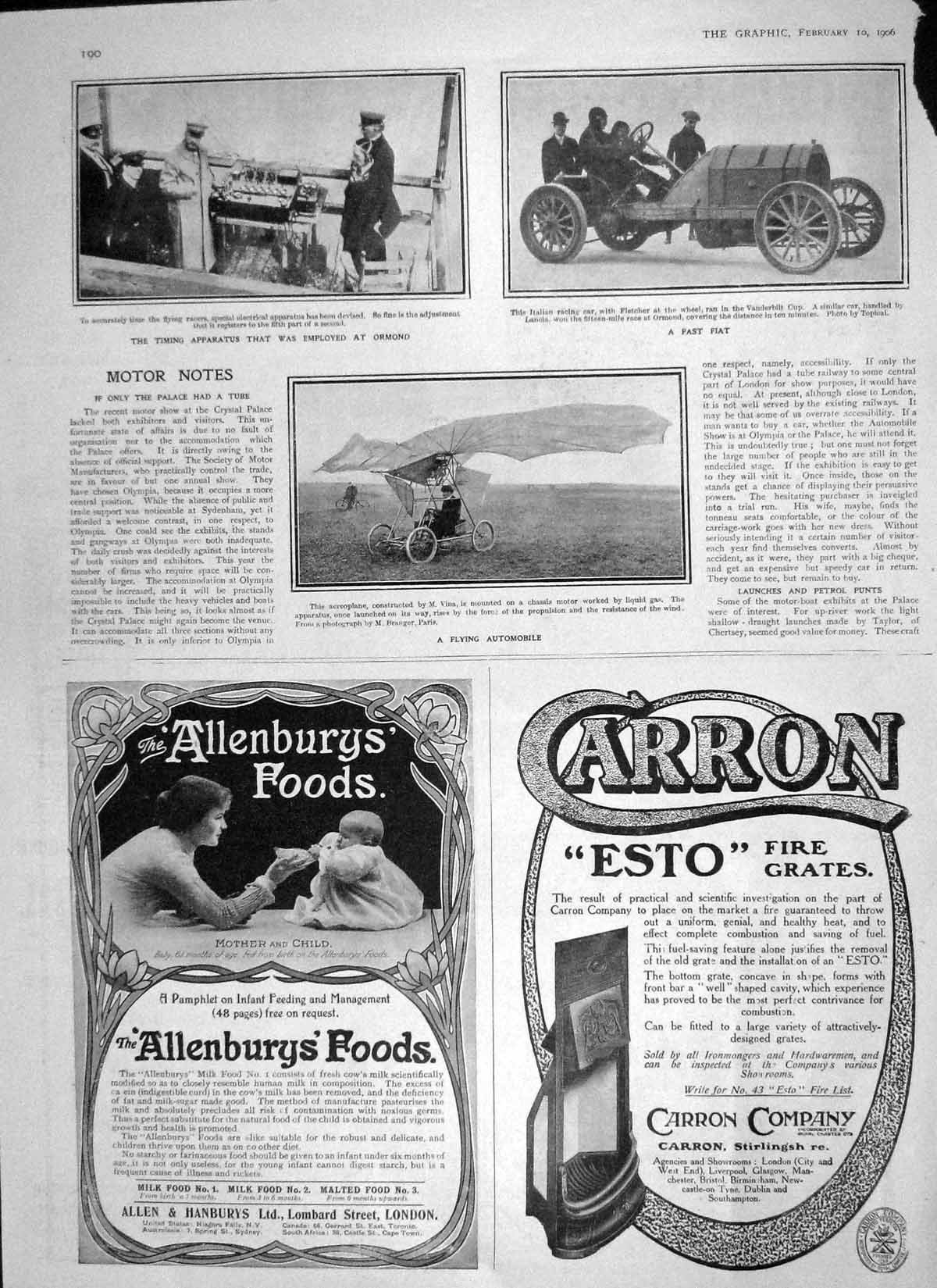 Old Antique Print 1906 Aeroplane Flying Automobile Fiat Motor Car Ormond 20th