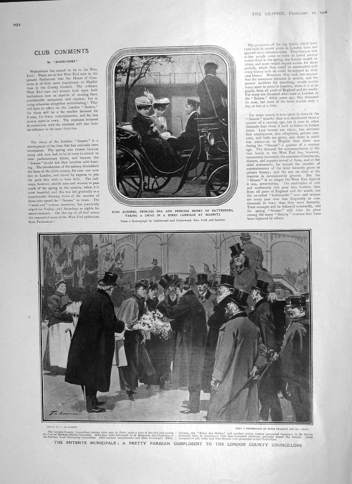 Original Old Antique Print 1906 King Alfonso Ena Biarritz London Council Hotel