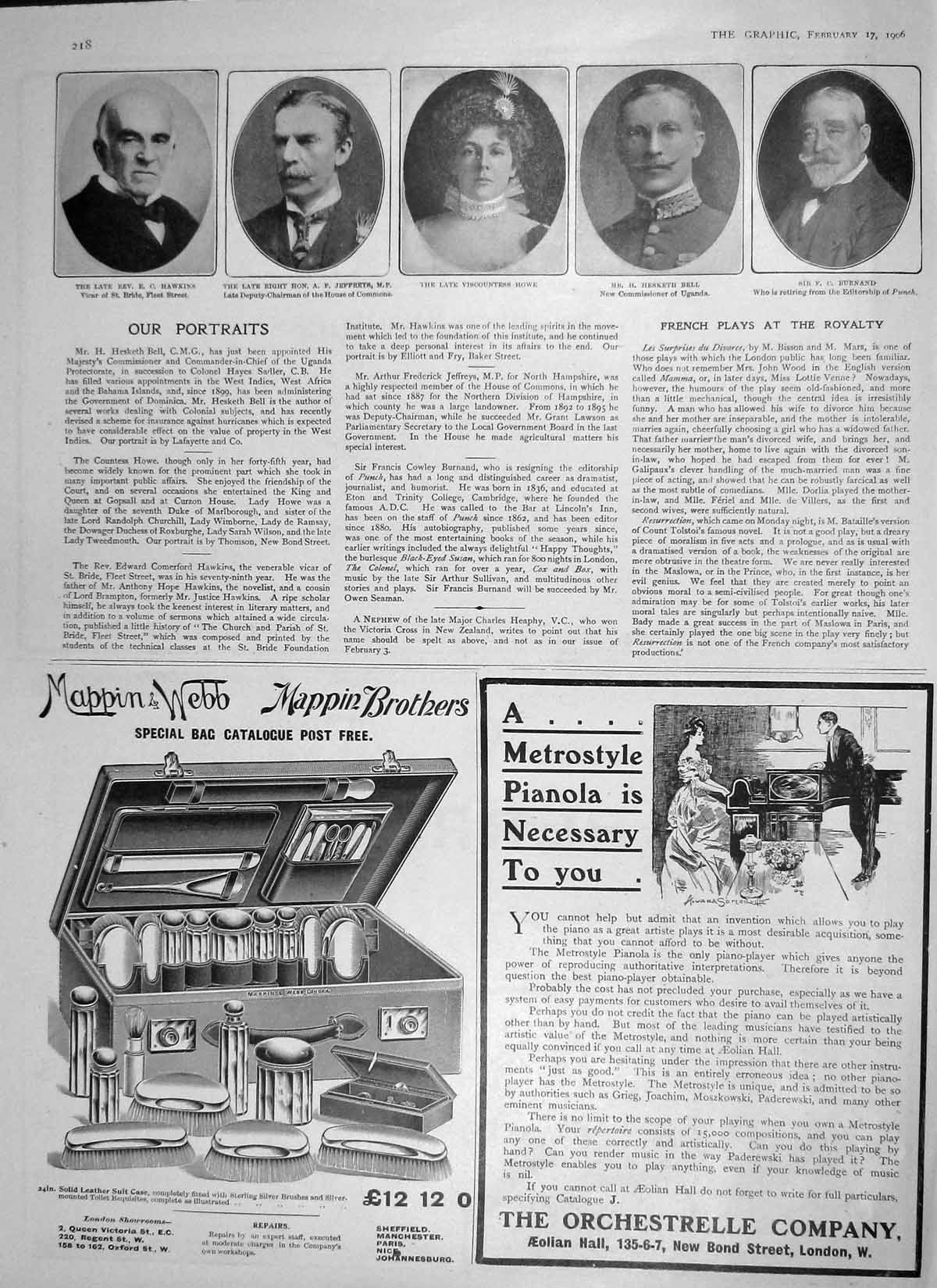 Old Antique Print 1906 Hawkins Jeffreys Howe Bell Burnard Mappin Pianolo 20th