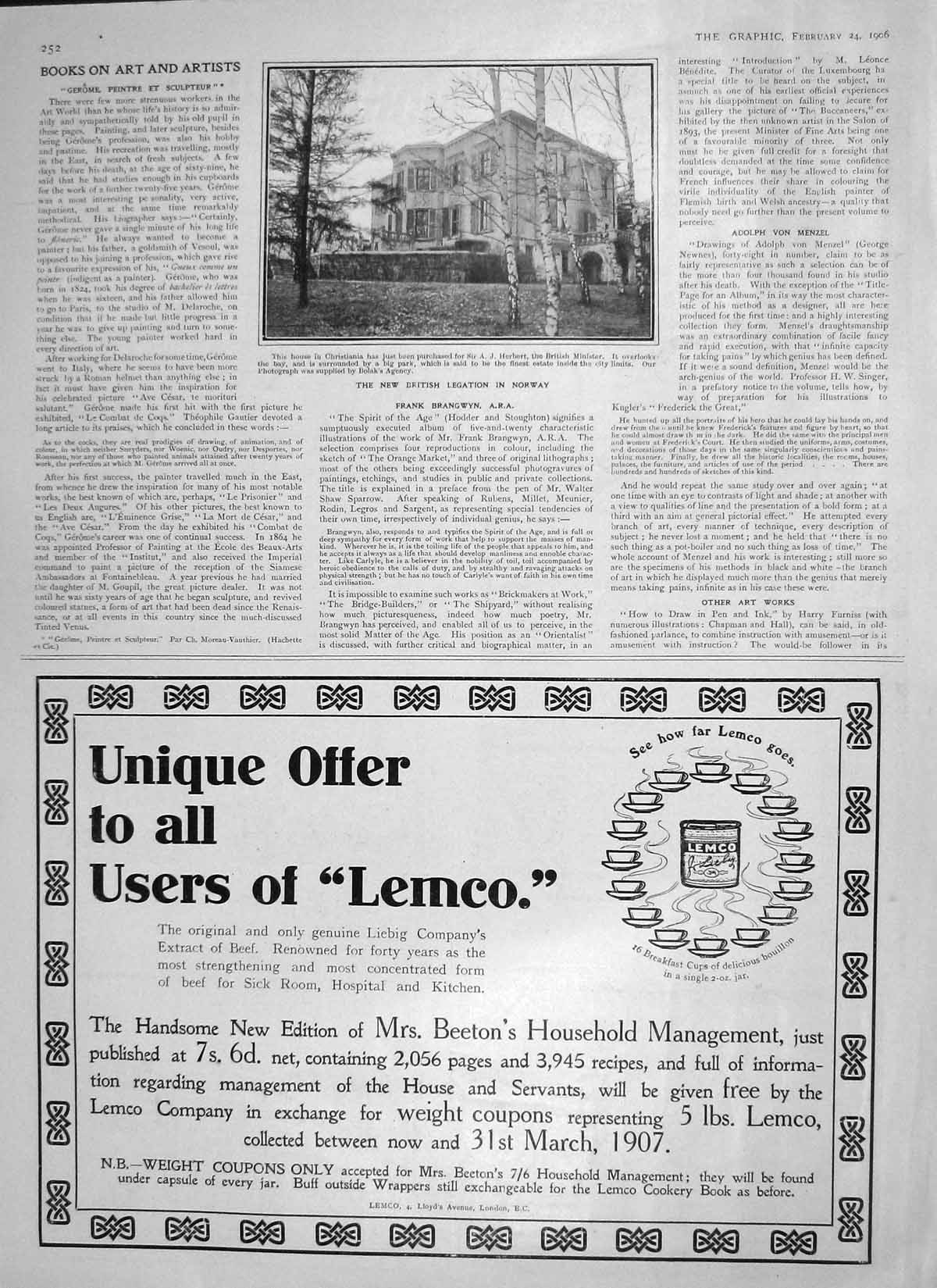 Original Old Antique Print 1906 British Legation Norway House Christiania Lemco