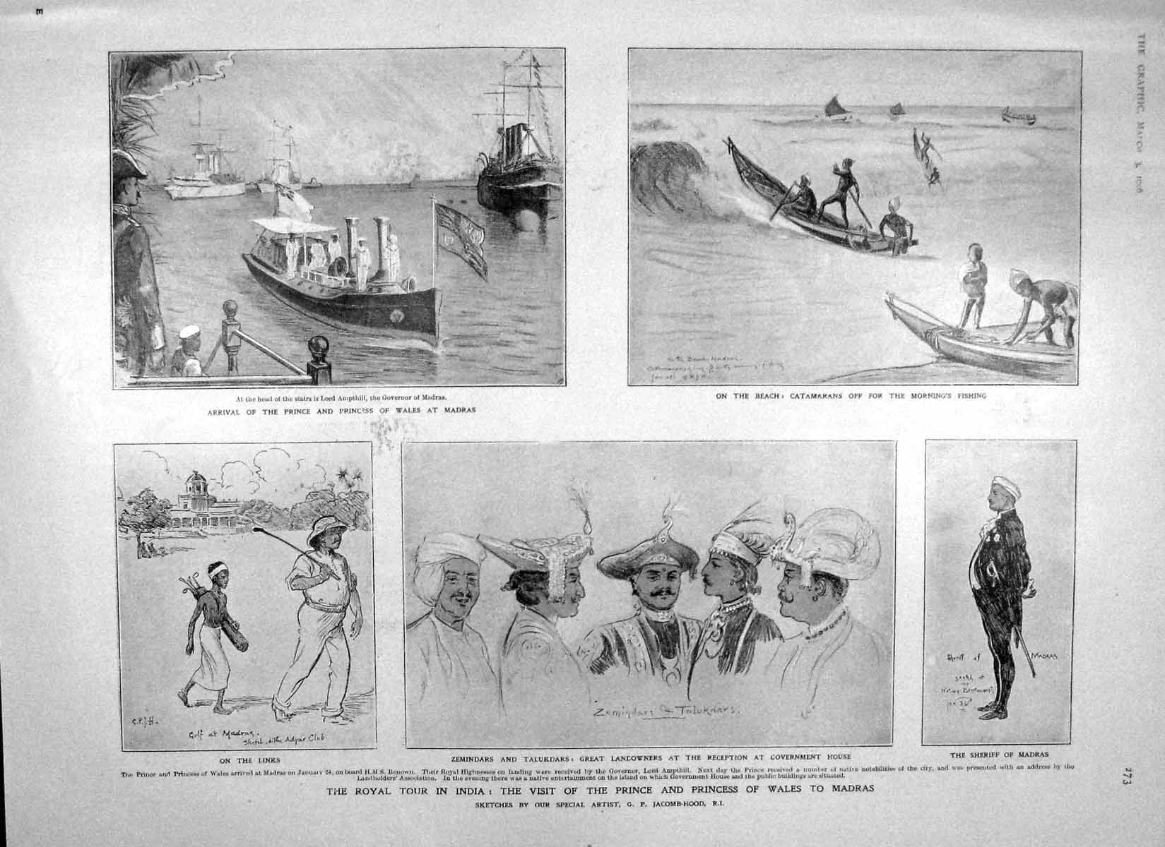 Original Old Antique Print 1906 Prince Wales India Madras Ampthill Lagos Ships