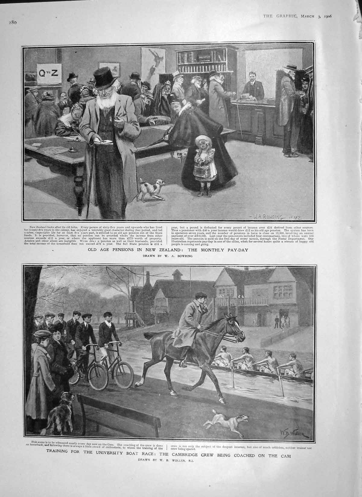 Old Antique Print 1906 Cambridge Boat Race Pensions Zealand Statue Egypt 20th
