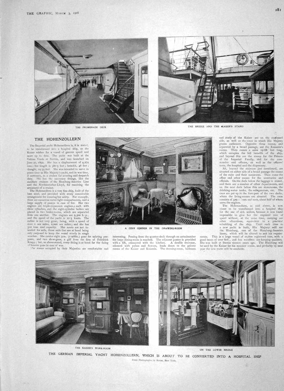 Original Old Antique Print 1906 German Yacht Hohenzollern Hospital Ship Pullman