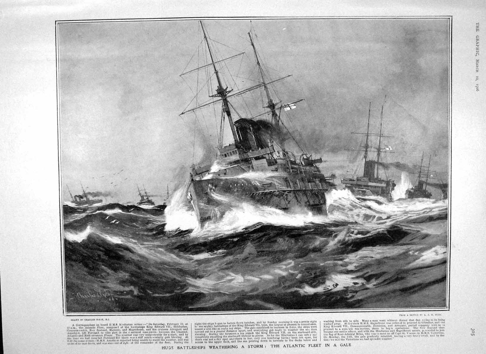 Old Antique Print 1906 Battle Ships Atlantic Hindustan Commons Gladstone 20th