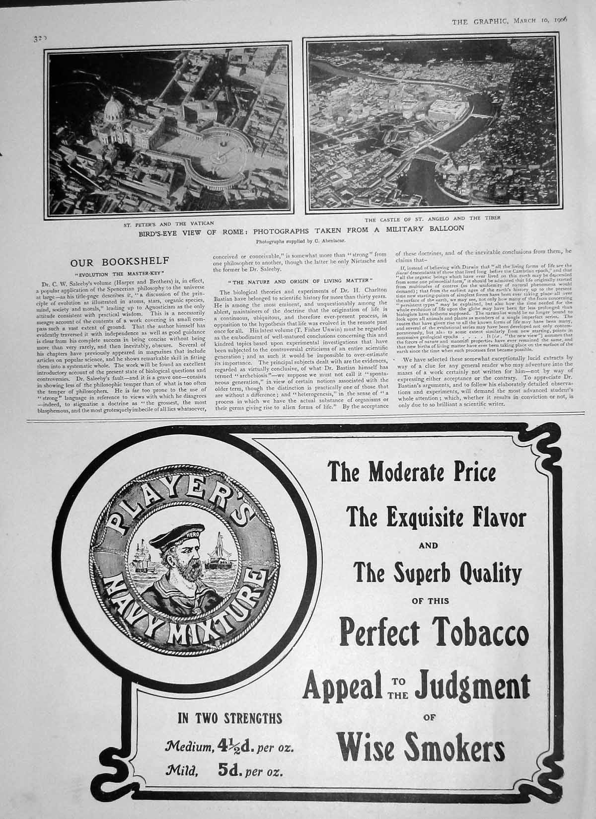 Original Old Antique Print 1906 Rome Castle Angelo Vatican Tiber River Lifebuoy
