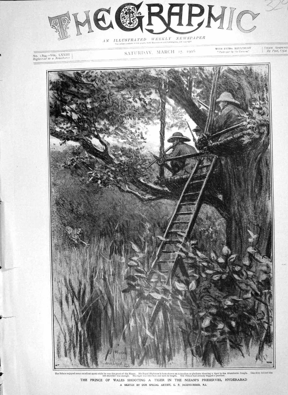Original Old Antique Print 1906 Prince Wales Shooting Tiger Nizam Hyderaba 20th