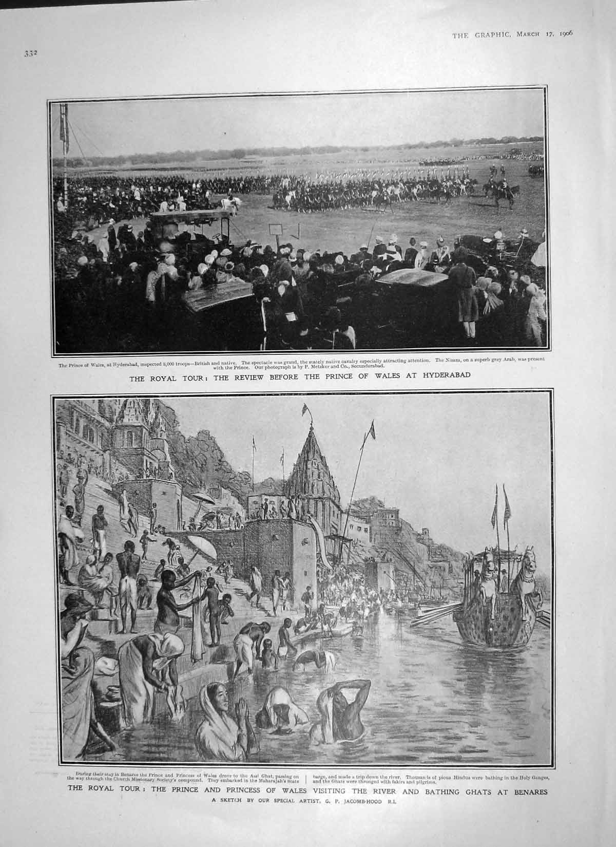 Old Antique Print 1906 Prince Wales Hyderabad River Bathing Ghats Benares 20th