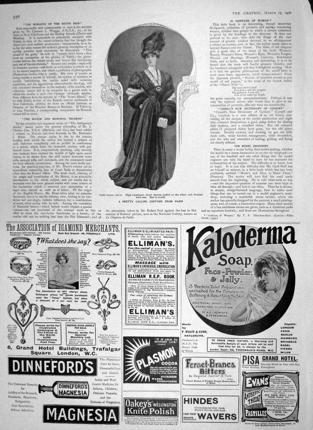 Old Antique Print 1906 Ladies Fashion France Brown Velvet Calling Costume 20th