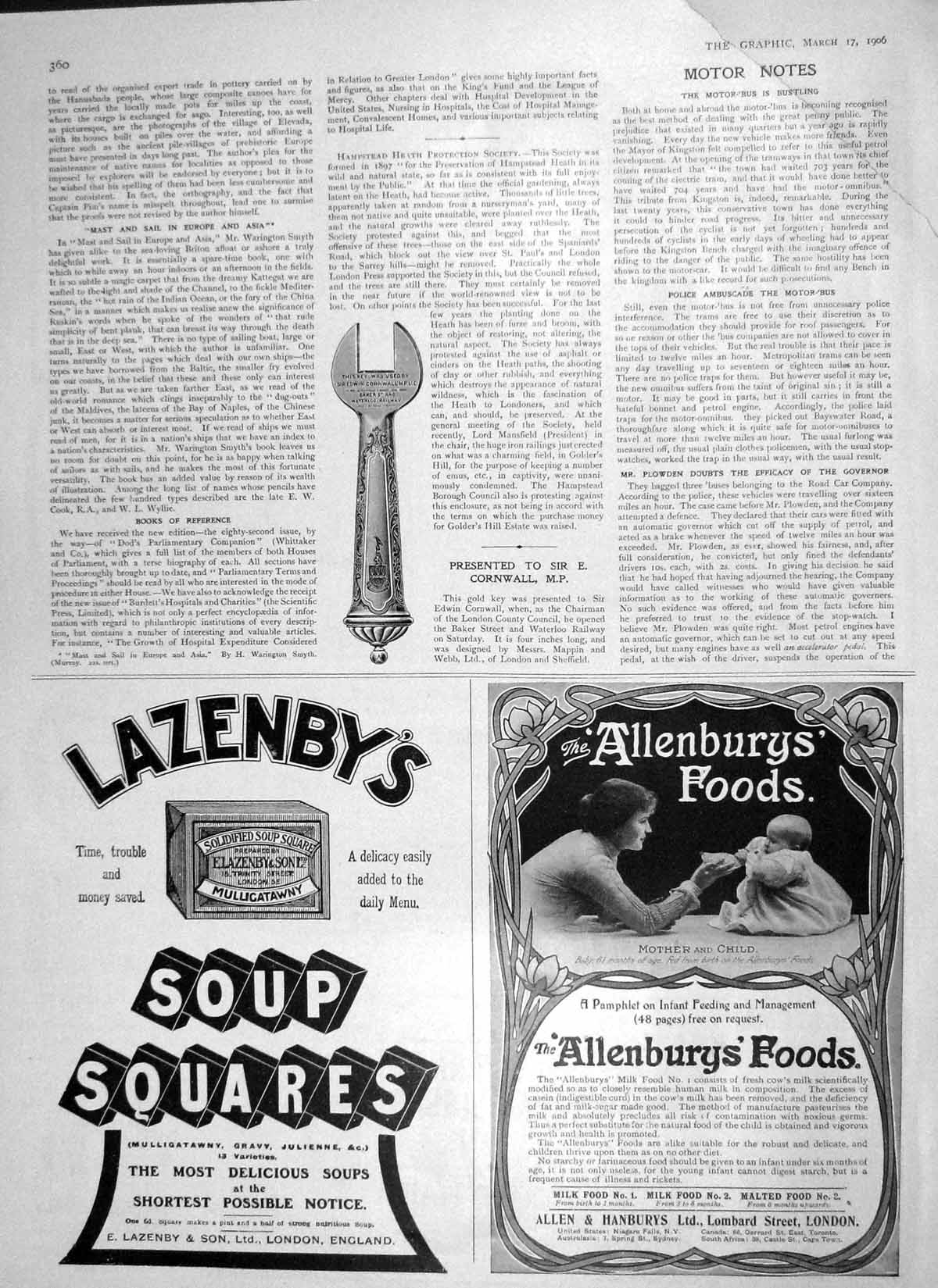 Original Old Antique Print 1906 Key Sir Edwin Cornwall Lazenby Soup Allenburys