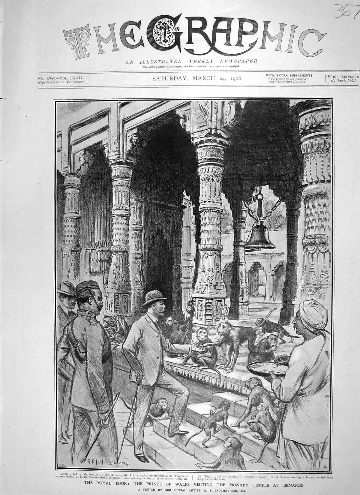 Old Antique Print 1906 Prince Wales Monkey Temple Benares Bramley Police 20th