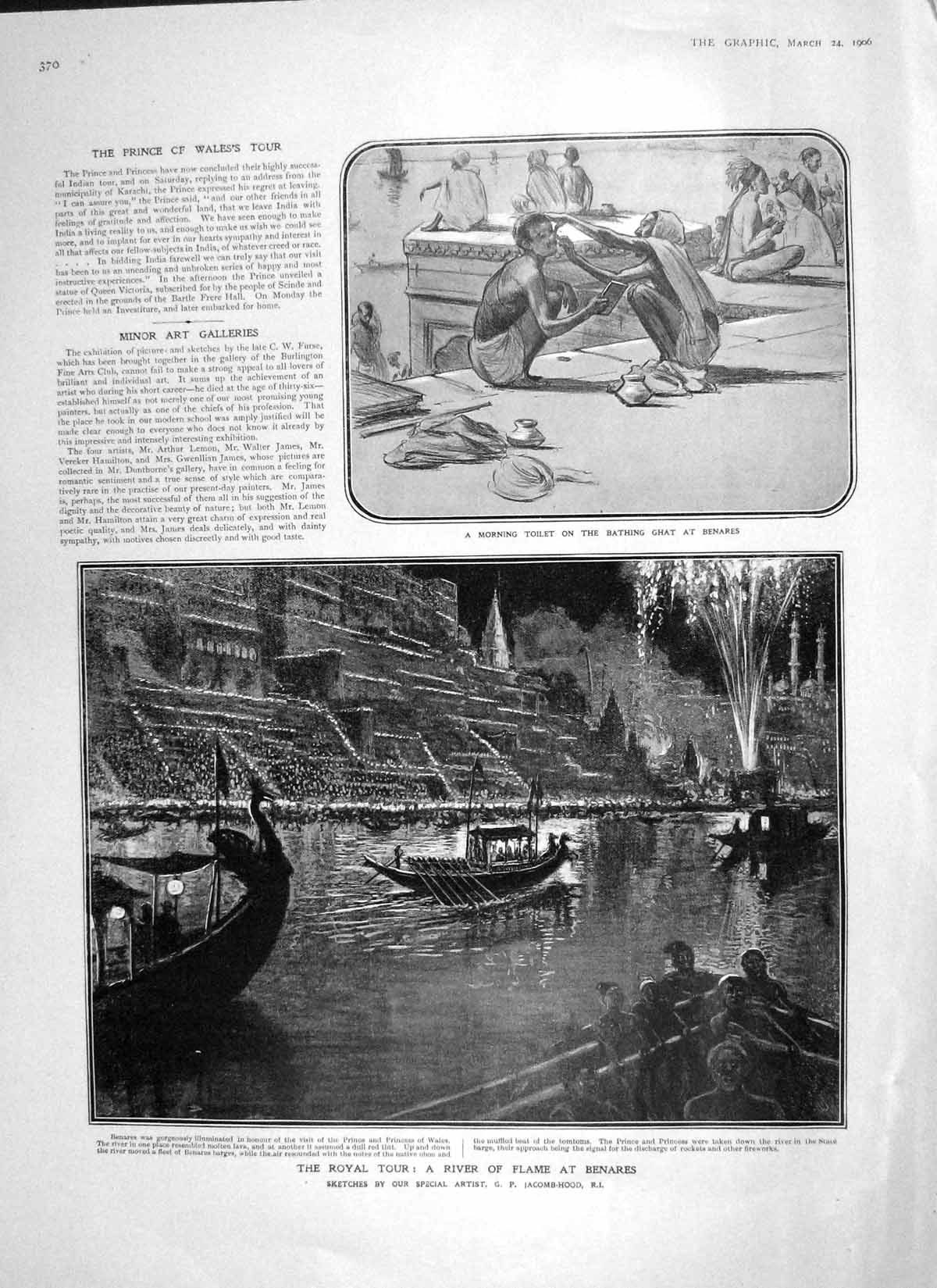 Old Antique Print 1906 Royal Tour River Flame Benares Bathing Ghat Wales 20th