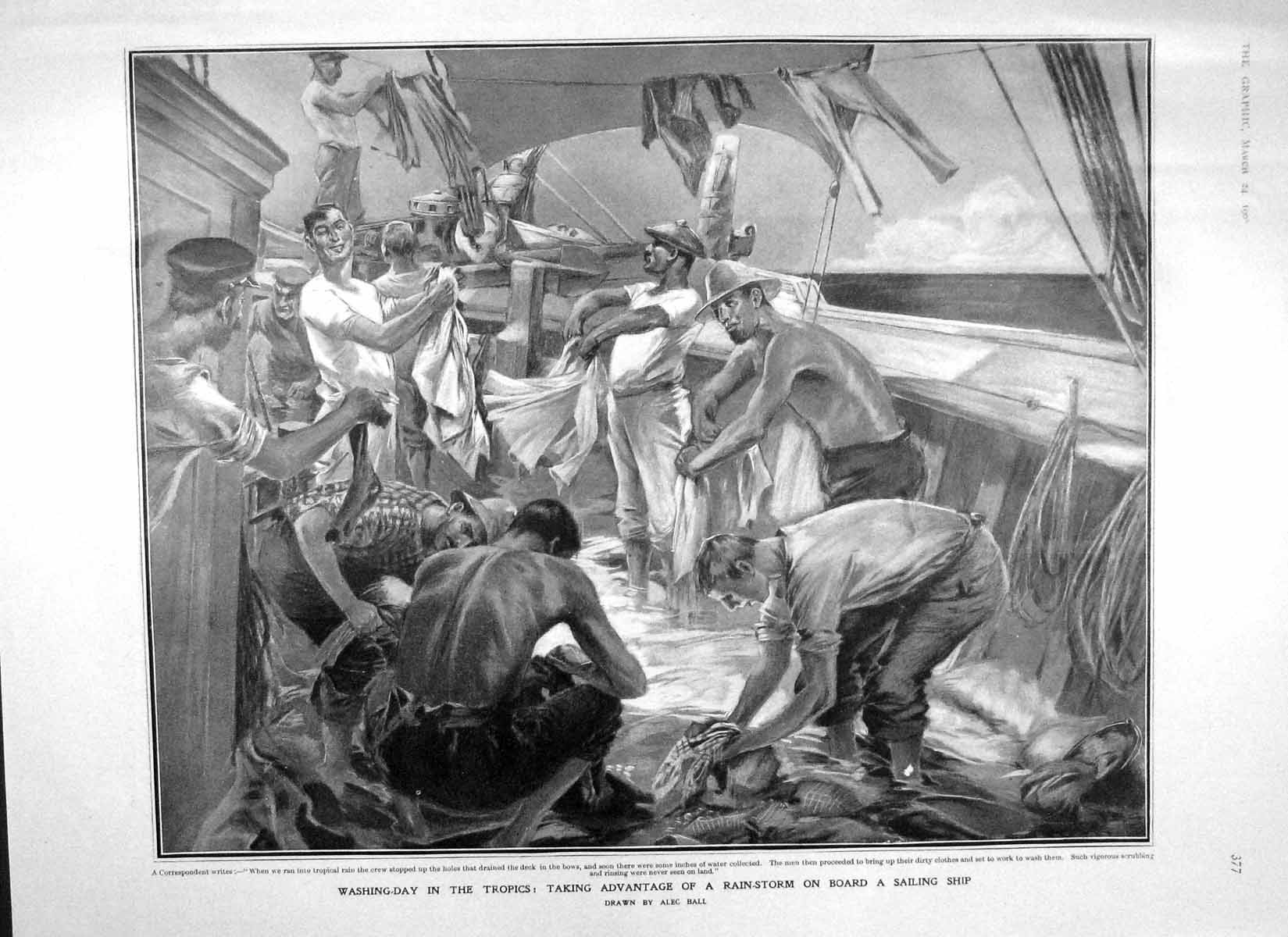 Old Antique Print 1906 Sailing Ship Washing Day Lord Milner House Commons 20th