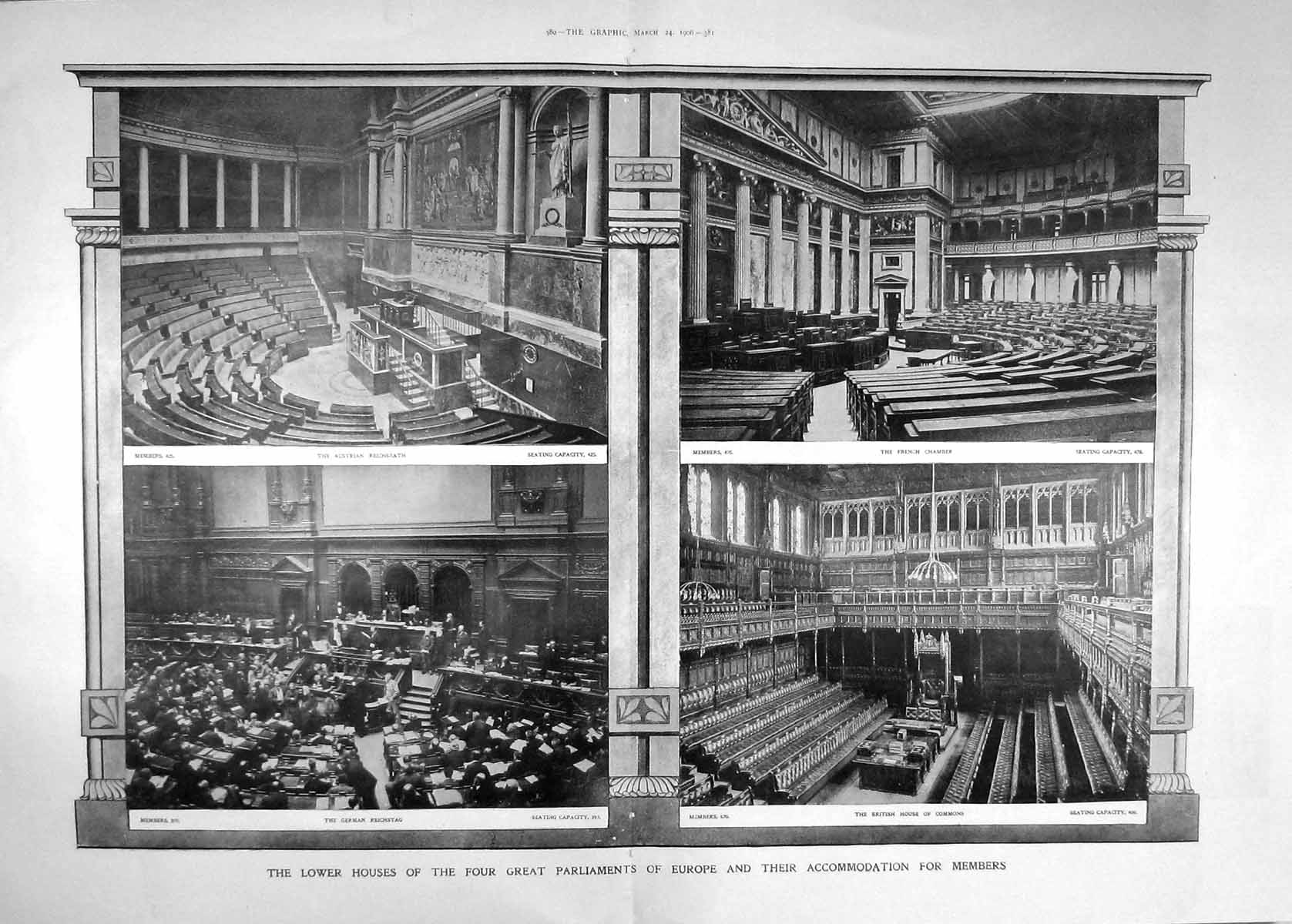 Old Antique Print 1906 Houses Parliament German Reichstag French Chamber 20th