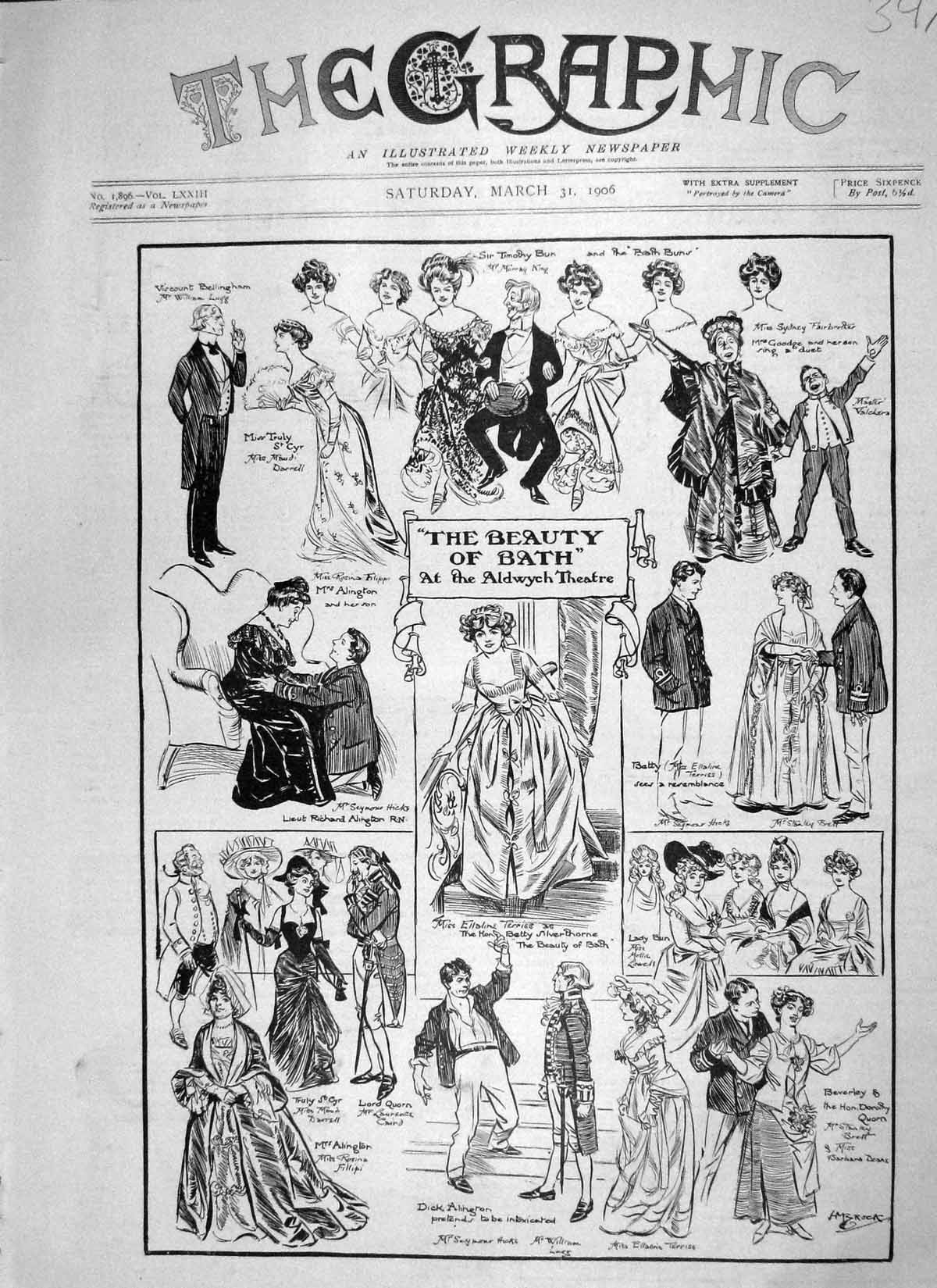 Original Old Antique Print 1906 Beauty Bath Aldwych Theatre Alington Bun Quorn
