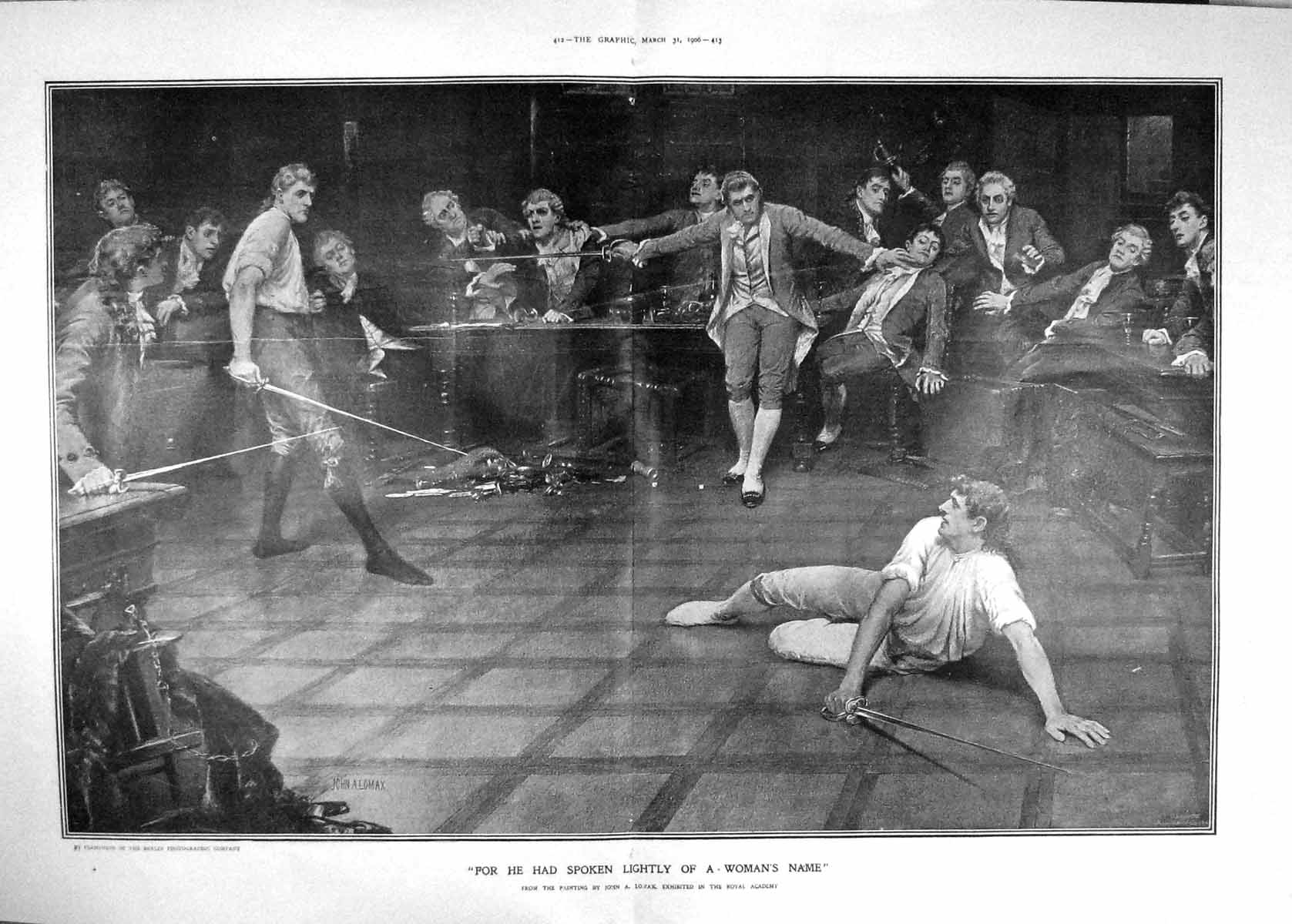 Old Antique Print 1906 Men Duel Swords Woman'S Name John Lomax Academy 20th