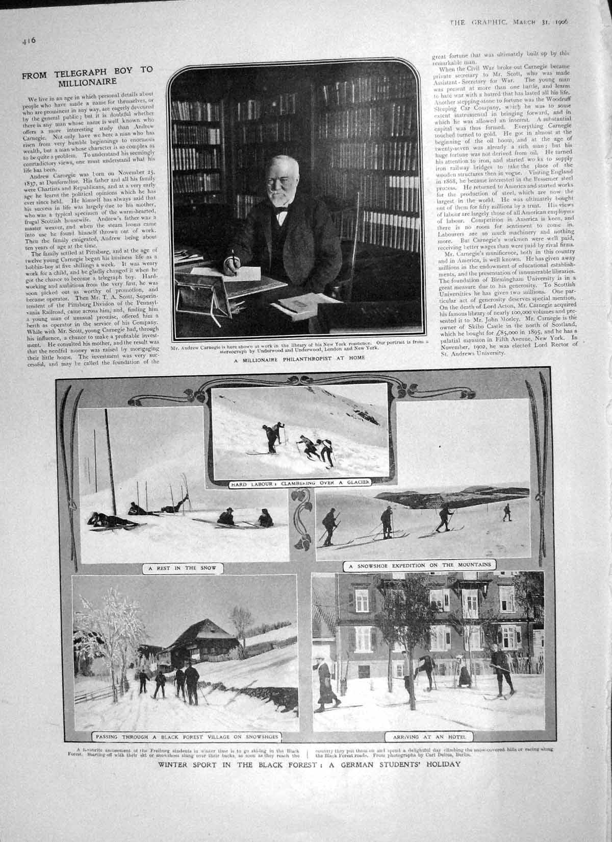 Old Antique Print 1906 Winter Sport Black Forest Carnegie House Commons 20th
